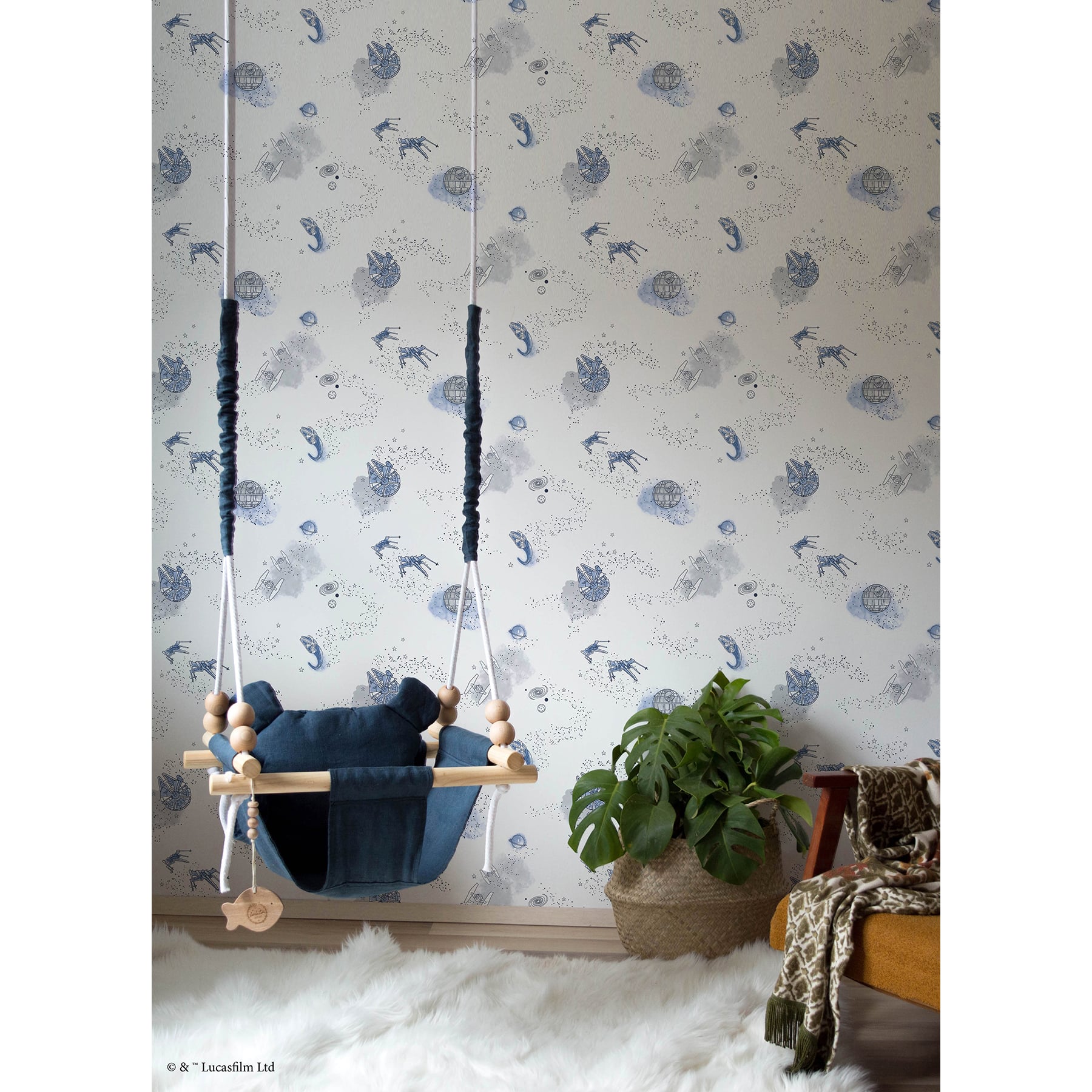 RoomMates STAR WARS Good Night Galaxy Blue and white STAR WARS&#x2122; Peel and Stick Wallpaper 20.5&#x22; x 18-ft roll covers about 30.8 sq. ft