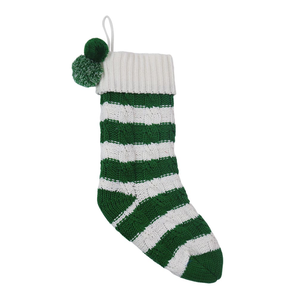 18.5&#x22; Green &#x26; White Stripe Knit Stocking with Pom Poms by Ashland&#xAE;
