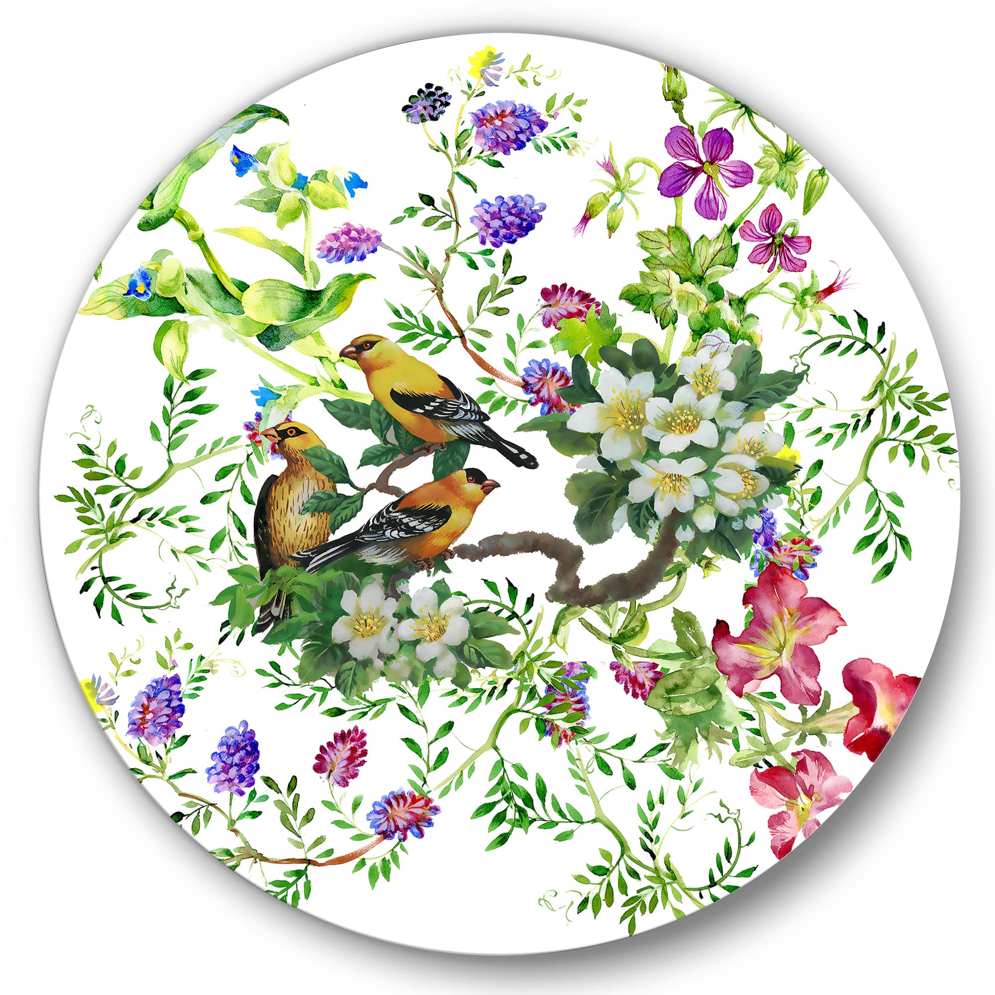 Designart - Tropical Birds With On Blooming Tree - Traditional Metal Circle Wall Art