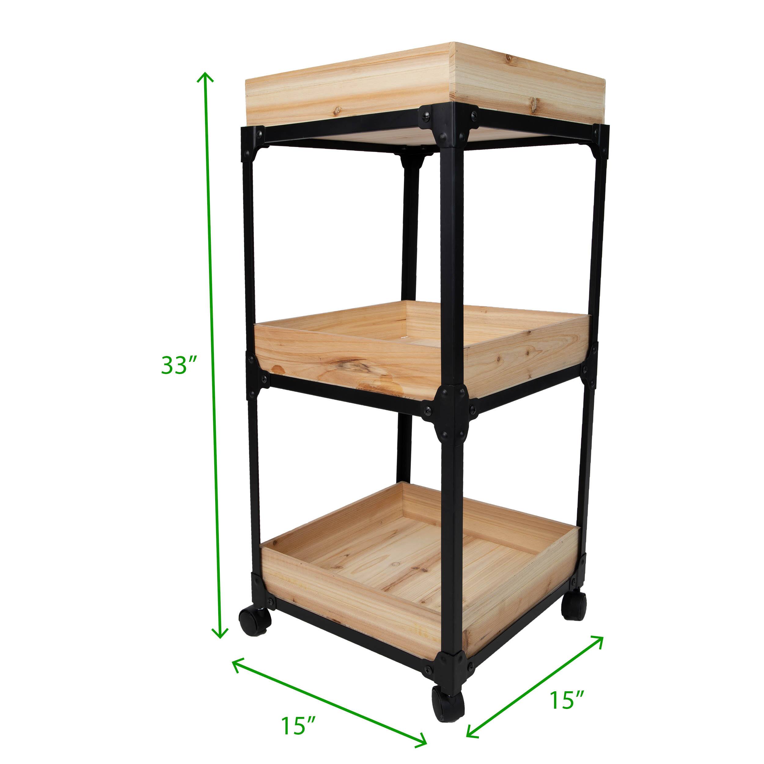 Mind Reader 3-Tier Black Metal Rolling Organizer with Wooden Baskets