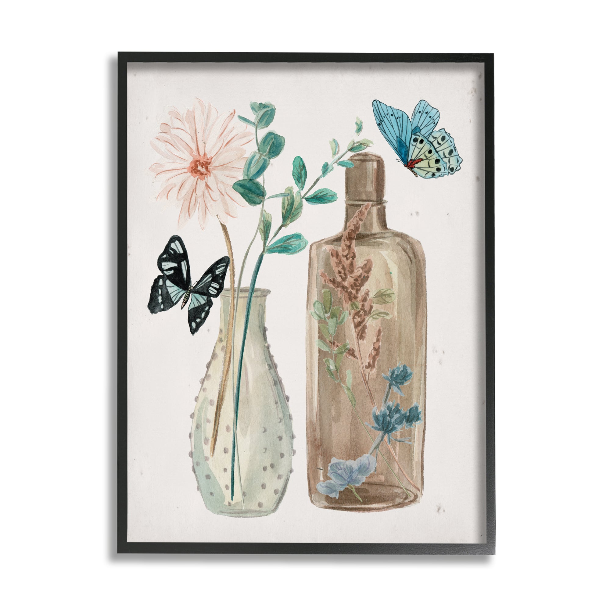 Stupell Industries Butterfly Blooming Floral Jars Tranquil Flower Still-Life in Black Frame Wall Art