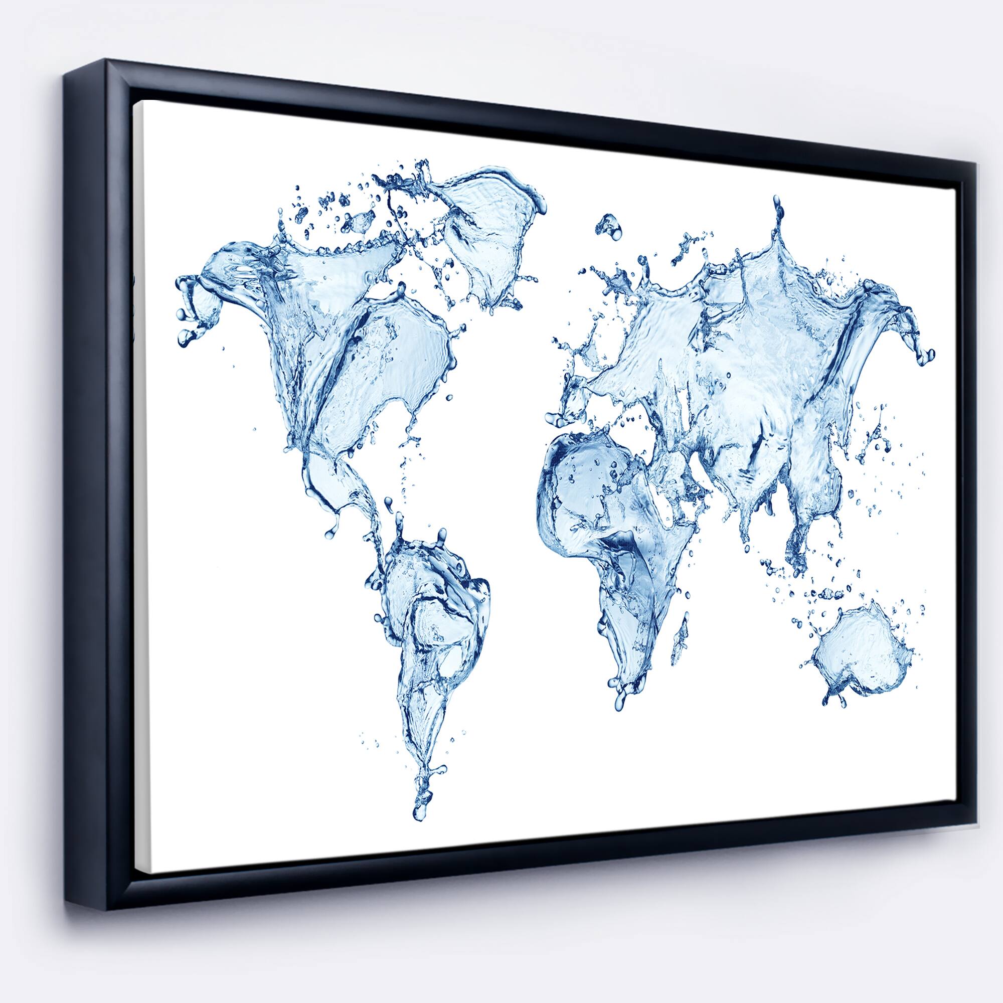 Designart - World Map Water Splash - Abstract Map Framed Canvas Art Print