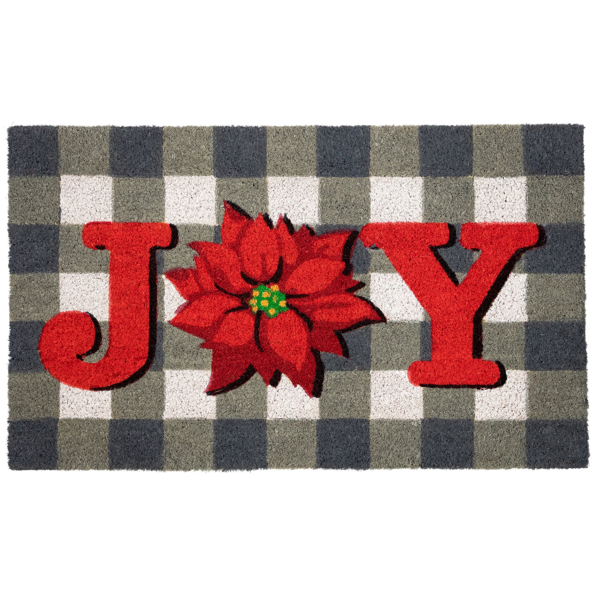 Gray and Red Poinsettia &#x22;Joy&#x22; Christmas Natural Coir Outdoor Doormat 18&#x22; x 30&#x22;