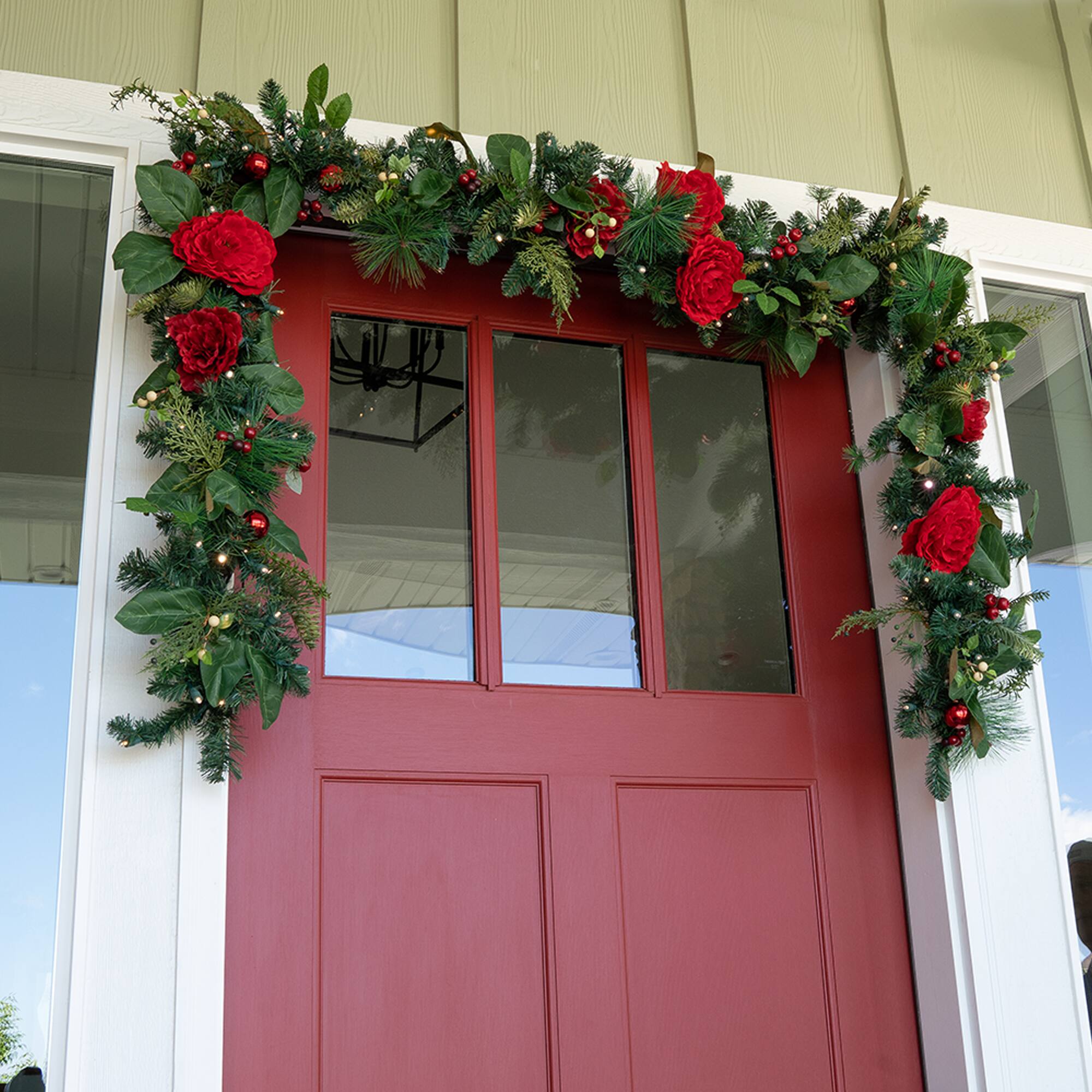 Village Lighting 9ft. Pre-Lit LED Red Peonies & Berry Garland