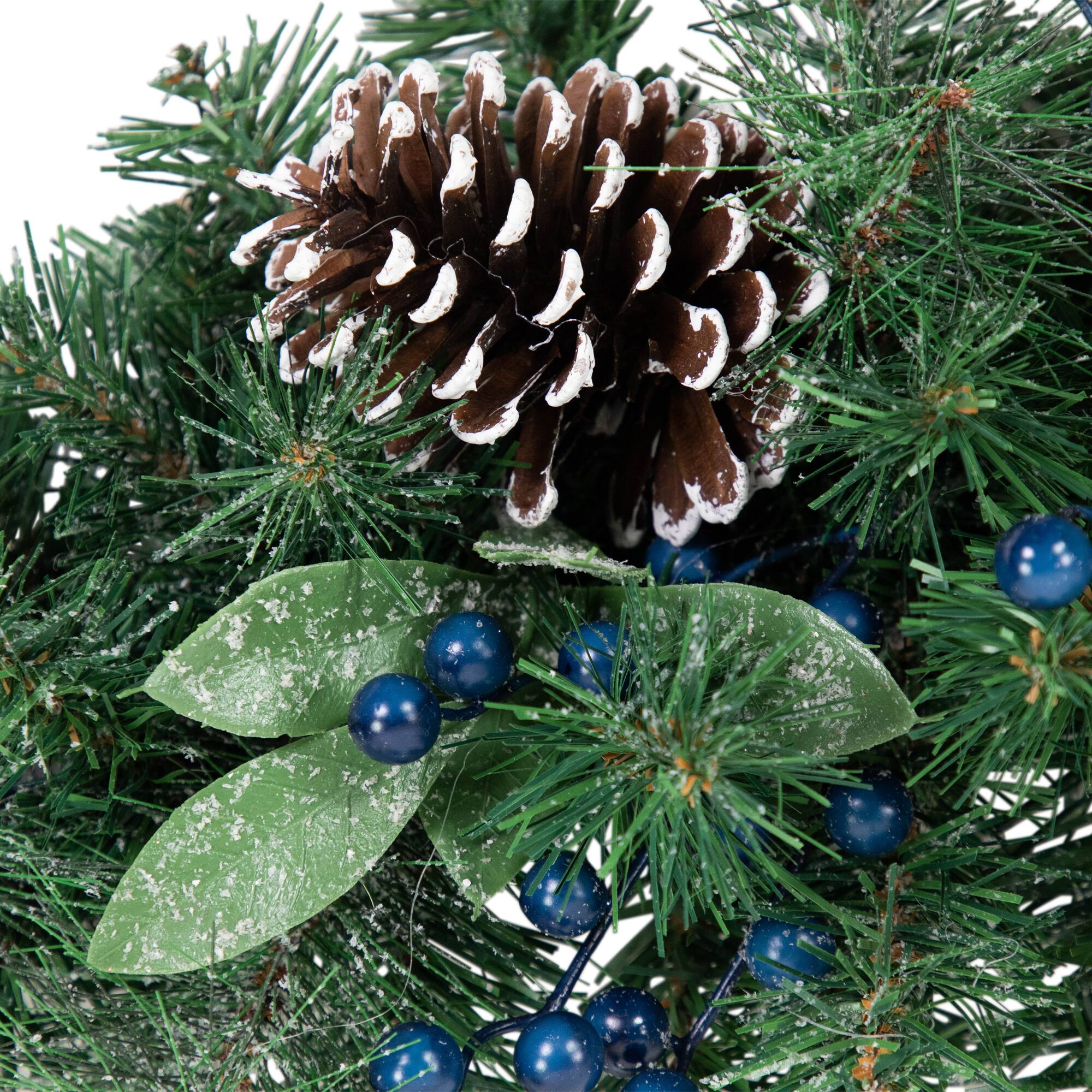 28&#x22; Unlit Mixed Pine, Blueberries &#x26; Snowy Pine Cones Teardrop Swag