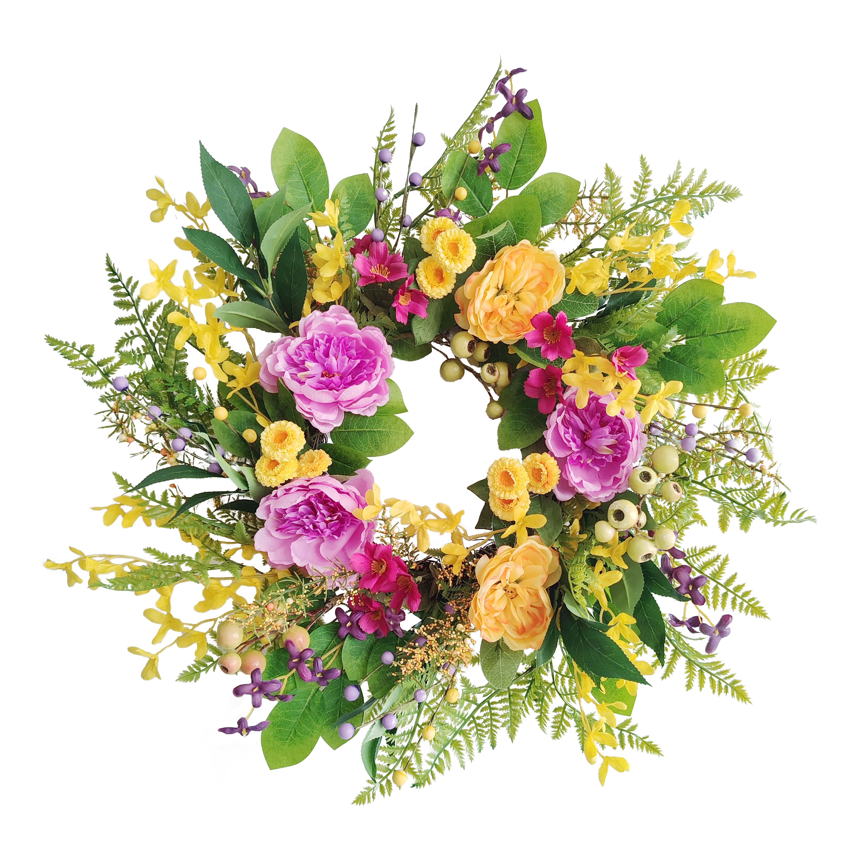 24" Pink, Orange & Yellow Spring Peony & Winter Jasmine Floral Wreath