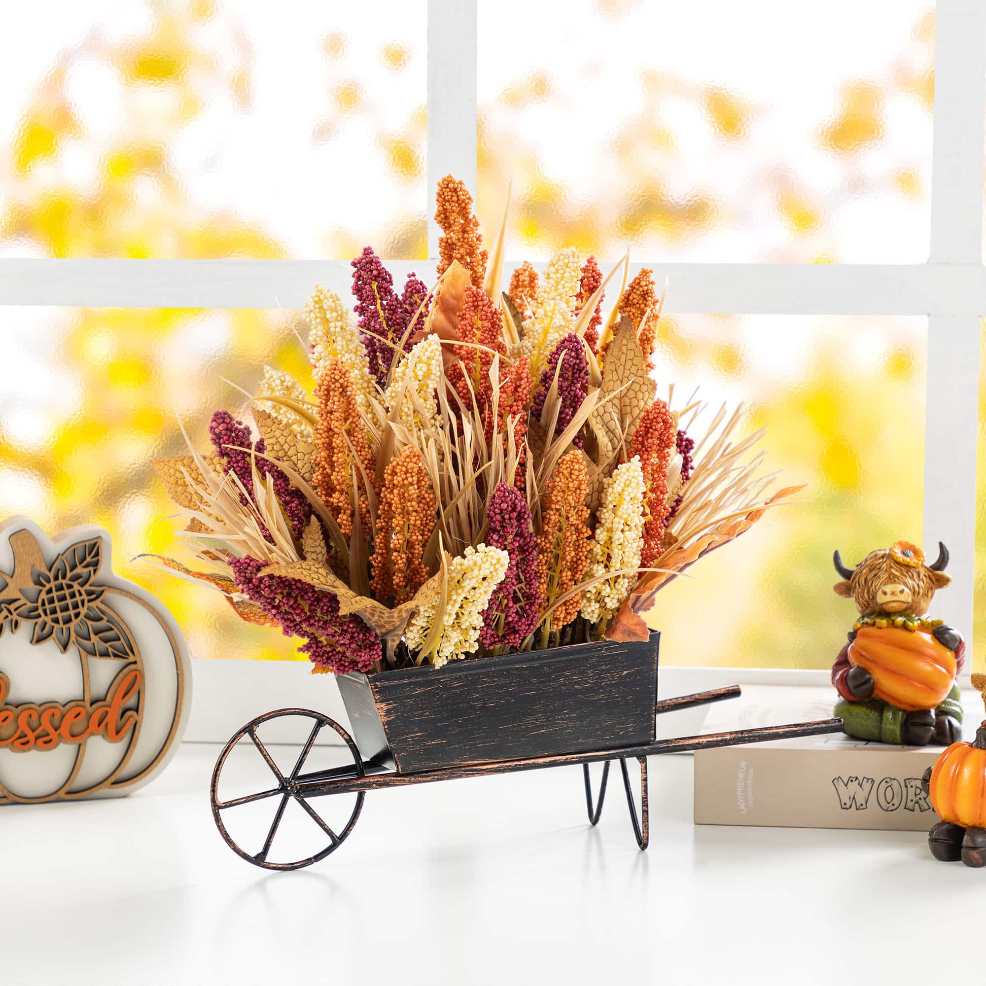 Glitzhome&#xAE; 15&#x22; Fall Multi-Colored Sorghum Cart Centerpiece