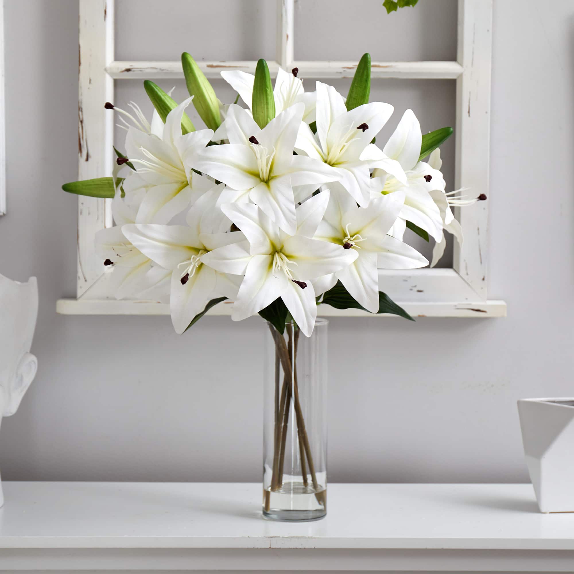 25" Artificial White Lily Arrangement with Cylinder Glass Vase
