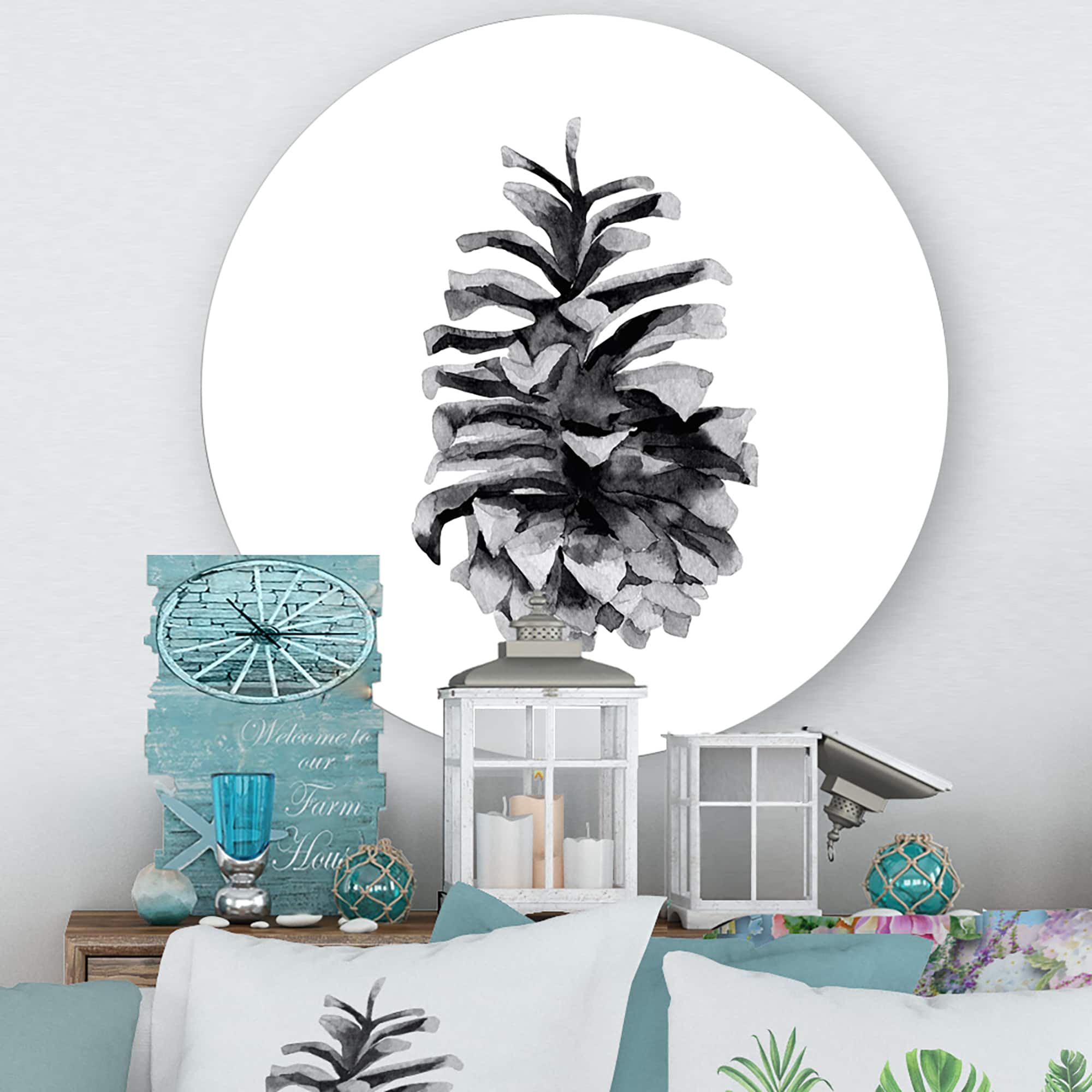 Designart - Conifer Cone Monochrome - Traditional Metal Circle Wall Art