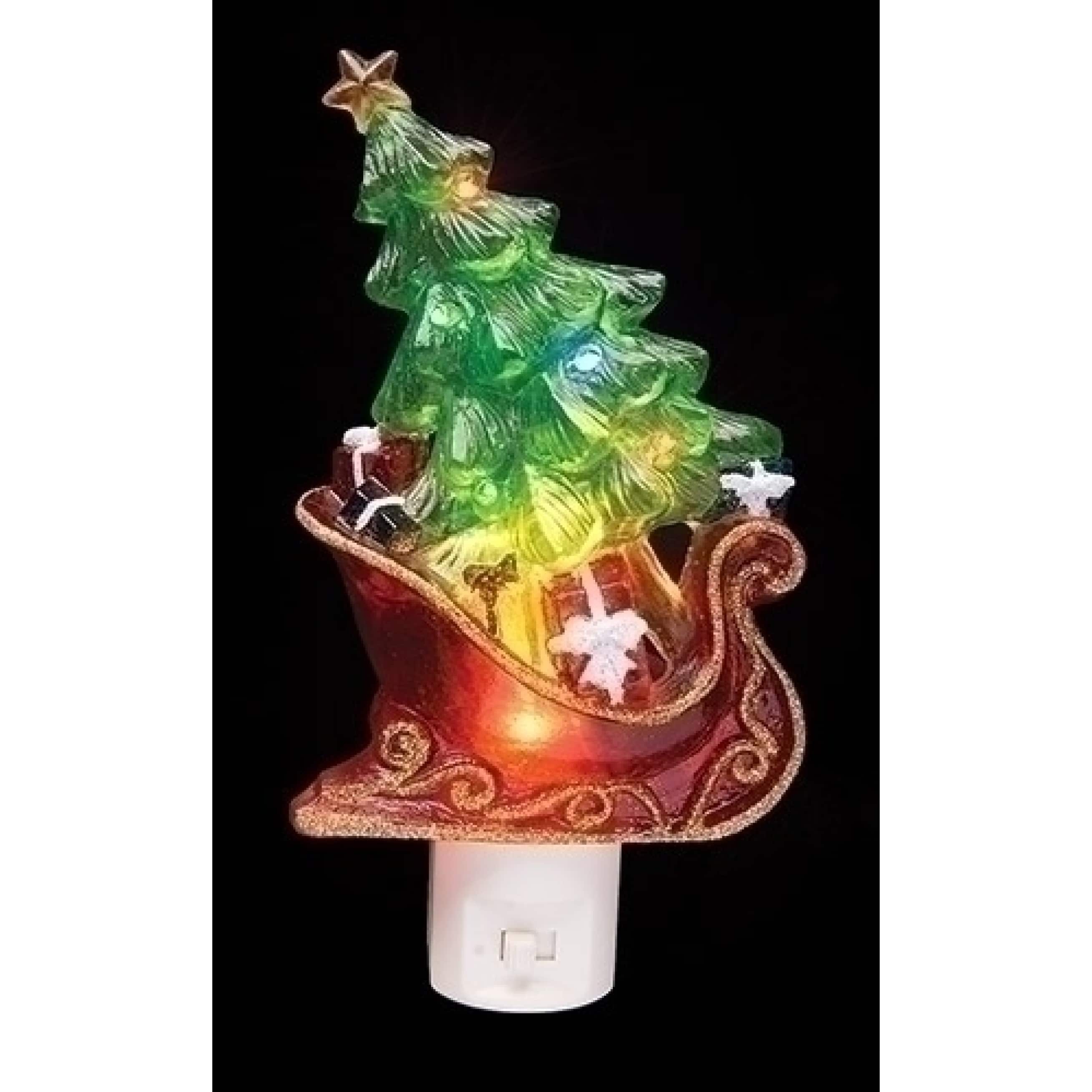 7.5&#x22; Green &#x26; Red Sleigh with Christmas Tree LED Night Light