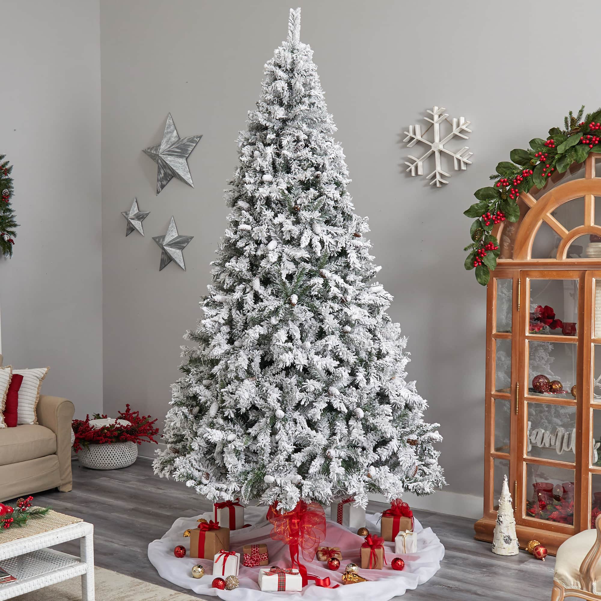 10ft. Pre-Lit Flocked West Virginia Fir Artificial Christmas Tree, Clear LED Lights