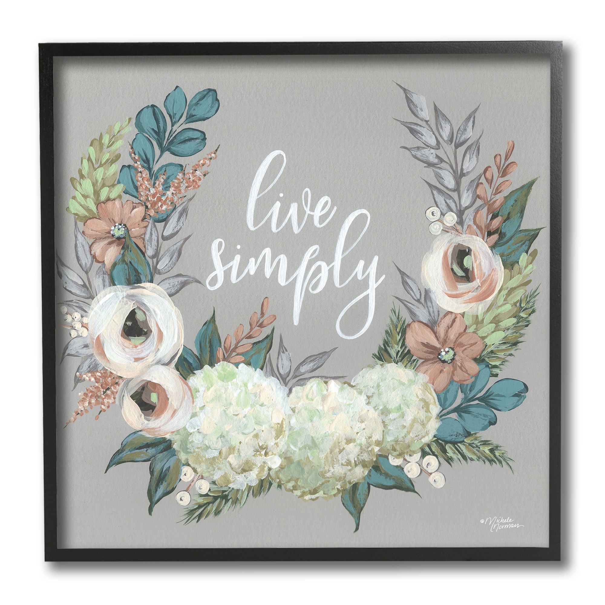 Stupell Industries Live Simply Sentiment Blooming Flower Wreath, 12" x 12"