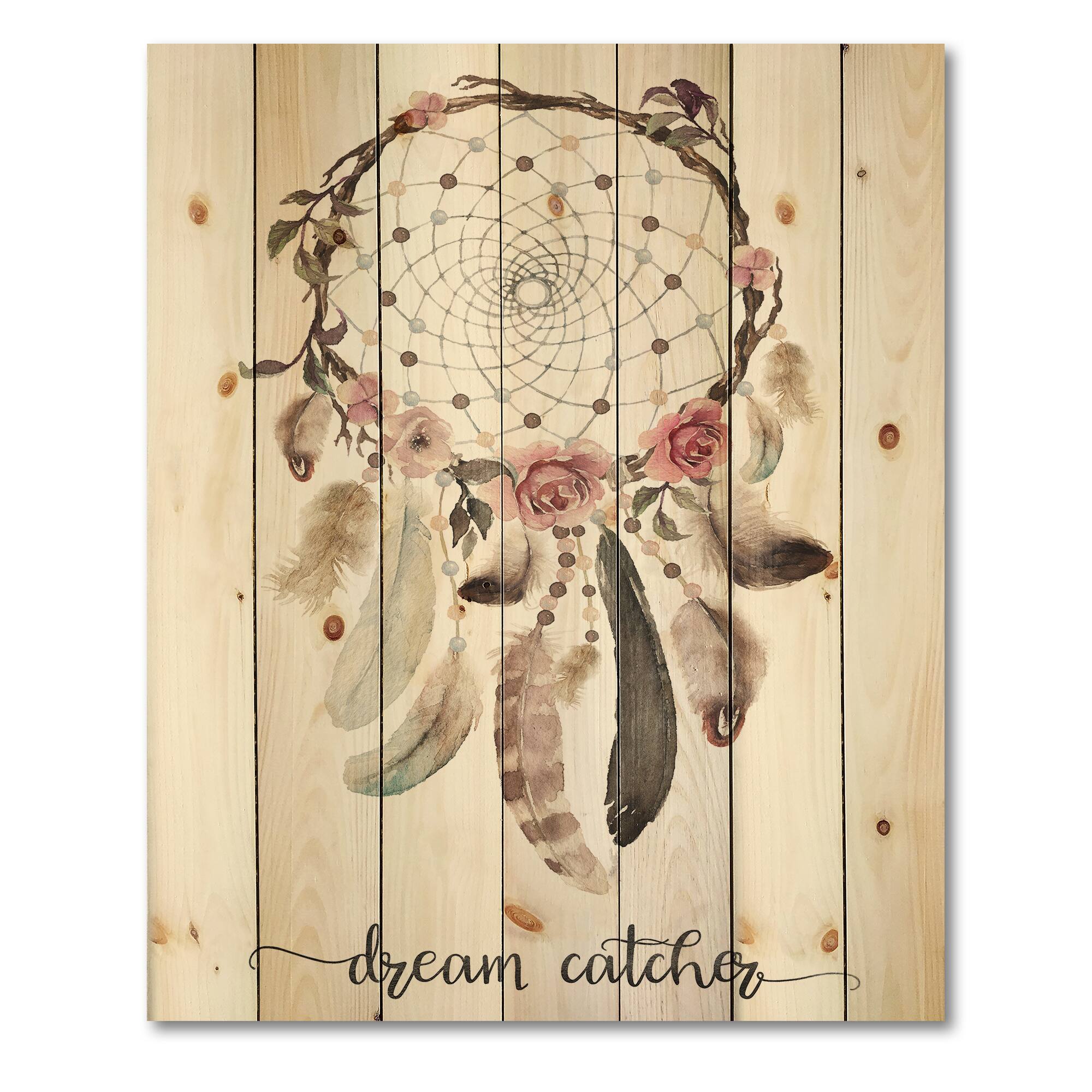 Designart - Dream Catcher With Ethnic Feathers - Bohemian &#x26; Eclectic Print on Natural Pine Wood