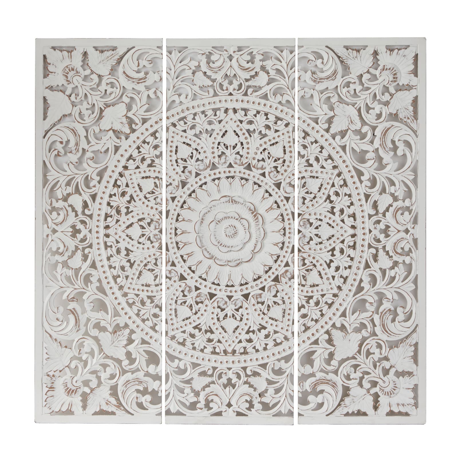 Wood Floral Handmade Intricately Carved Wall Decor With Mandala Design  White - Olivia & May : Target