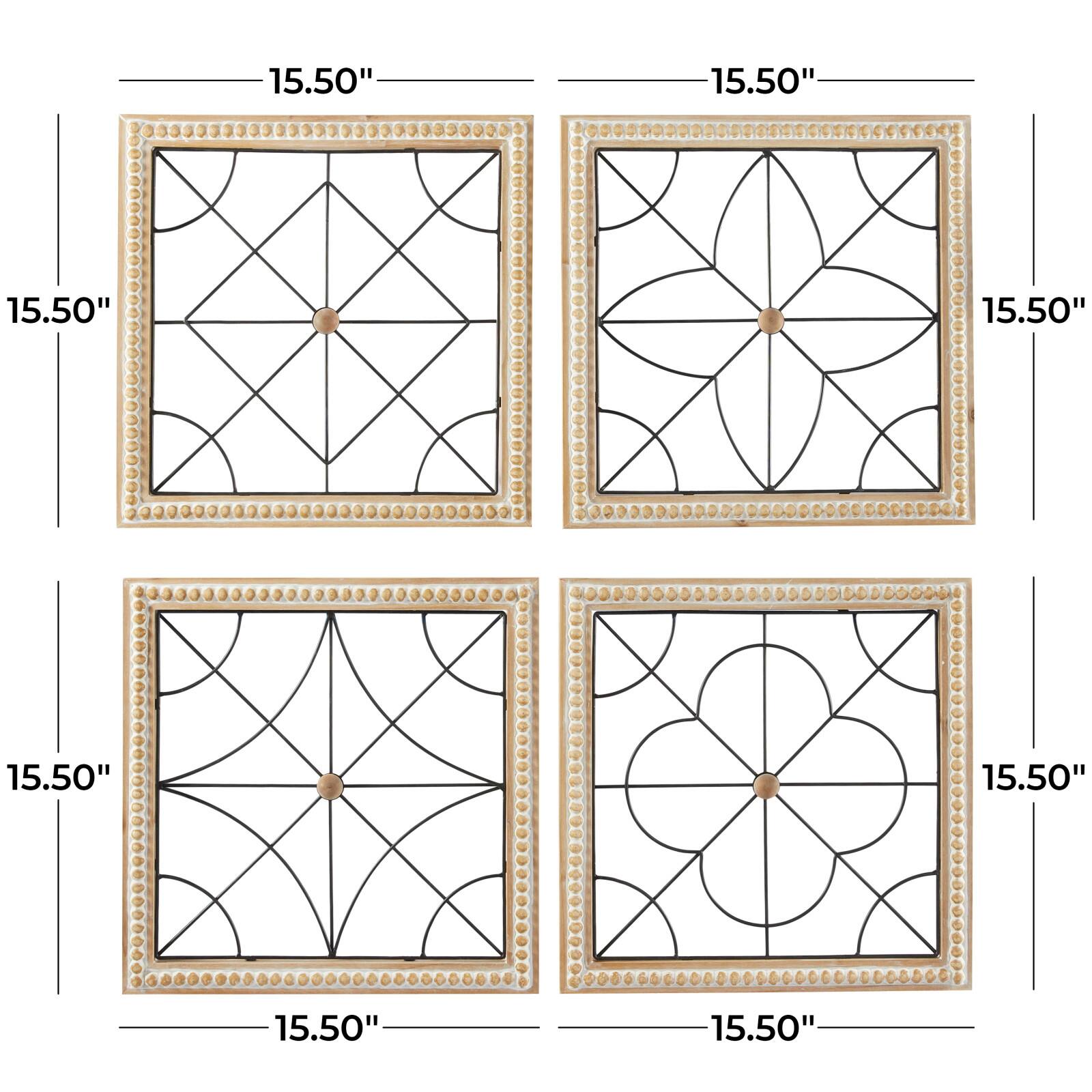 Brown Wood Carved Beading Geometric Wall Decor with Metal Wire Set of 4 16", 16"