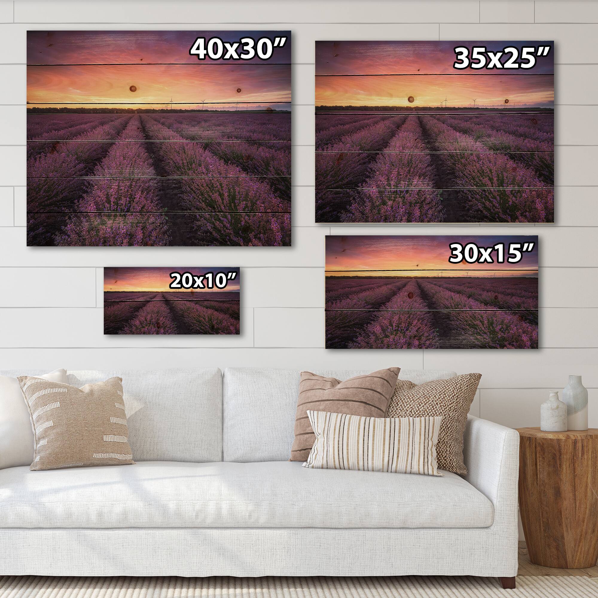 Designart - Sunrise &#x26; Dramatic Clouds Over Lavender Field XIII - Farmhouse Print on Natural Pine Wood