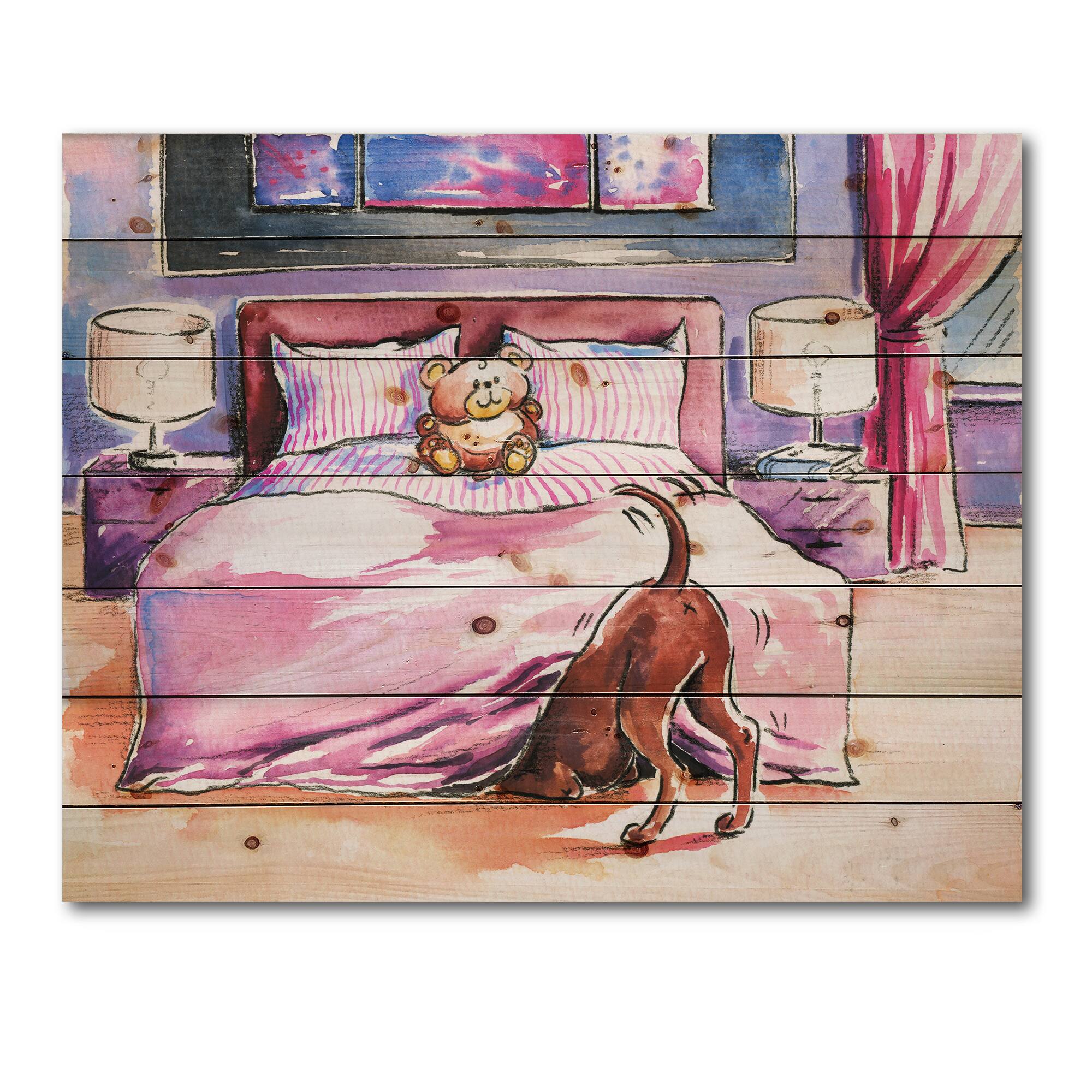 Designart - Brown Dog Looking Under the Bed - Farmhouse Print on Natural Pine Wood