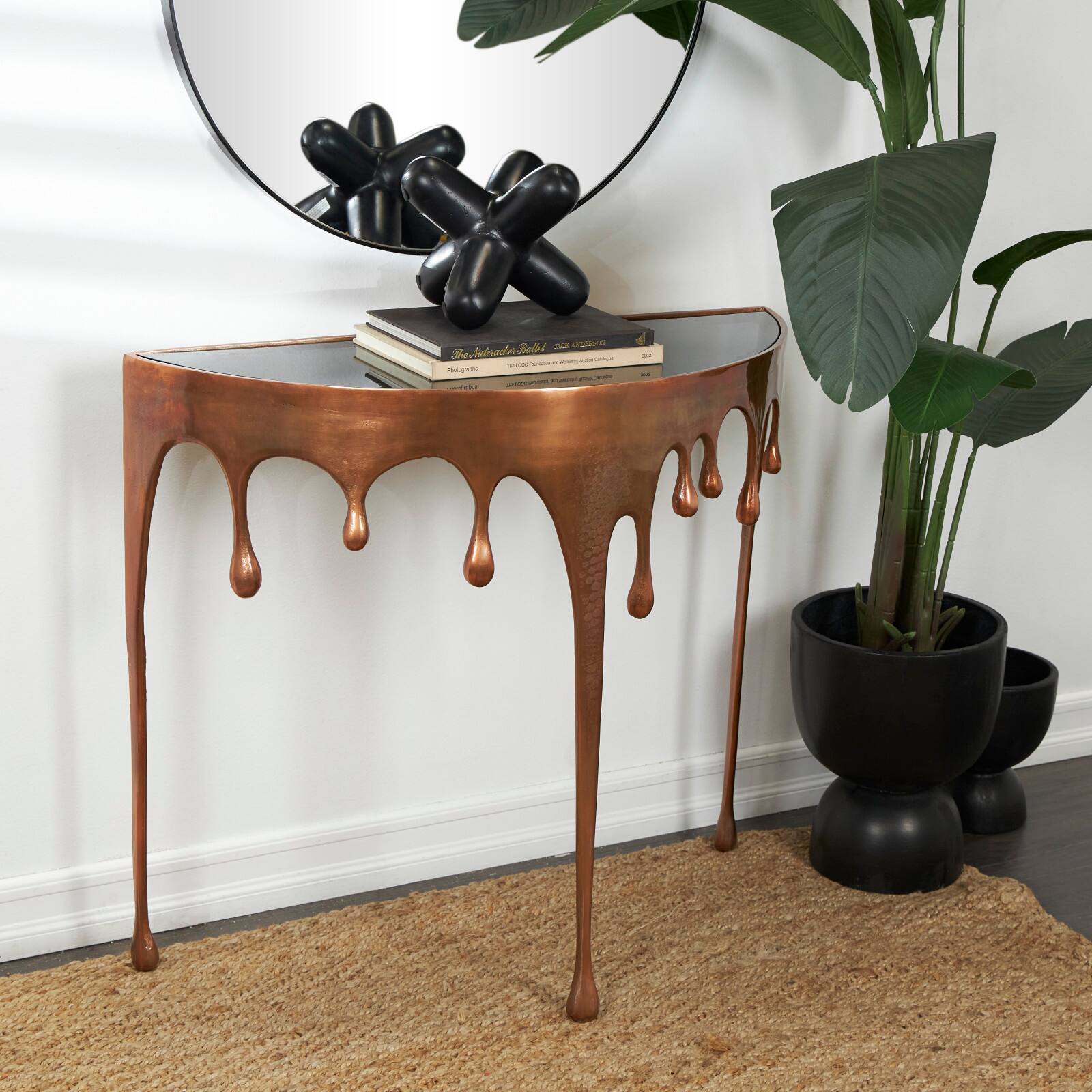 32" Aluminum Drip Console Table with Melting Designed Legs & Shaded Glass Top
