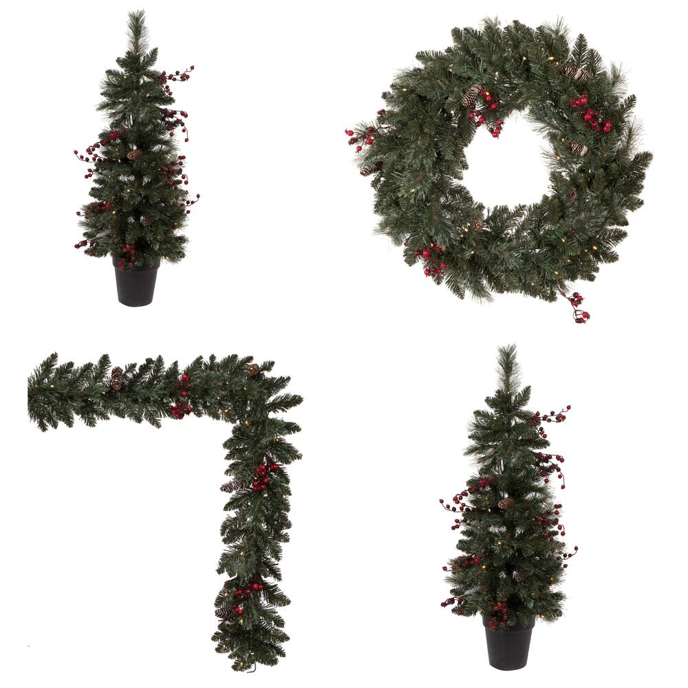 Pre-Lit Artificial Christmas Tree, Wreath &#x26; Garland Set, Warm White LED Lights