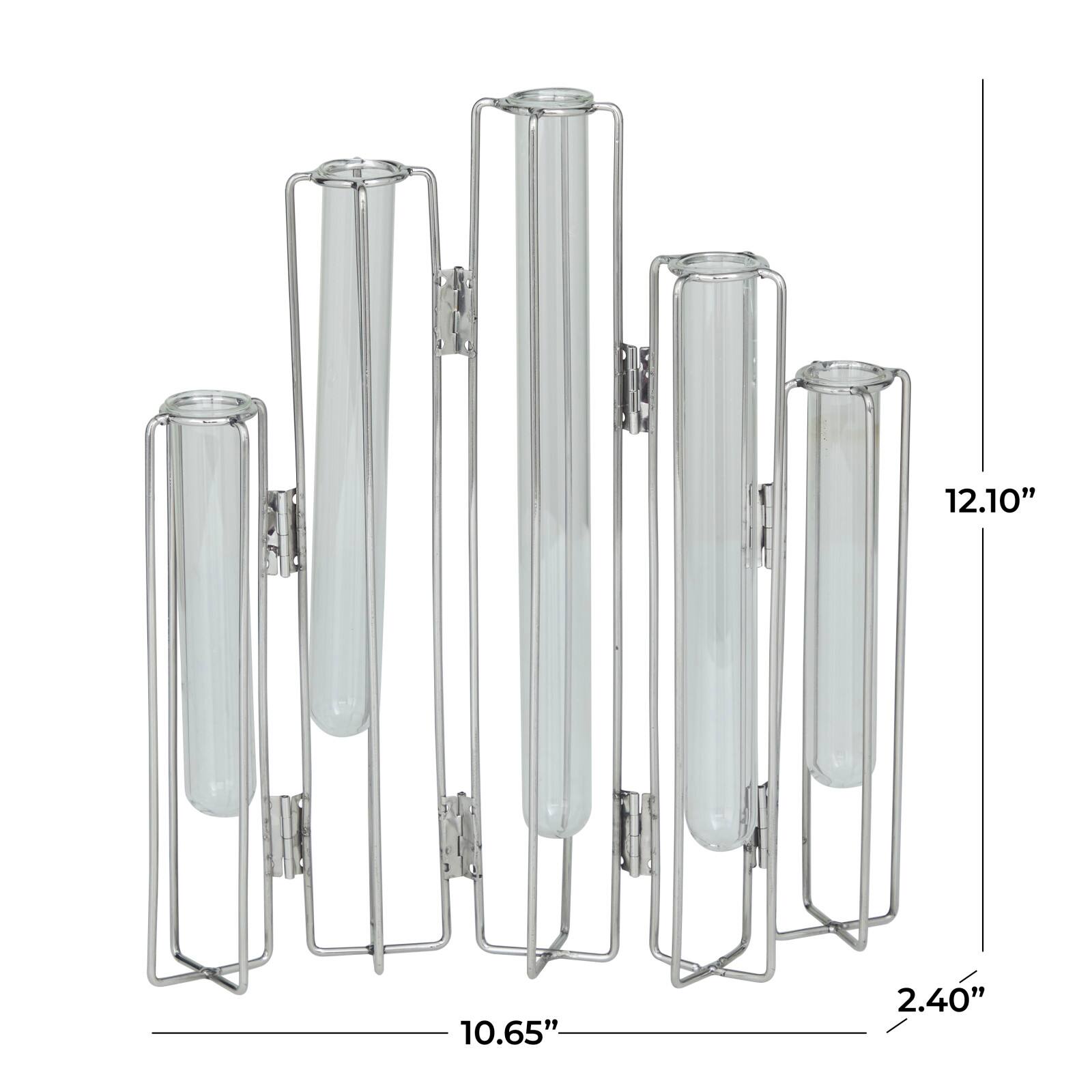 Silver Glass Tube Vase with Metal Stand 11" x 2" x 12"