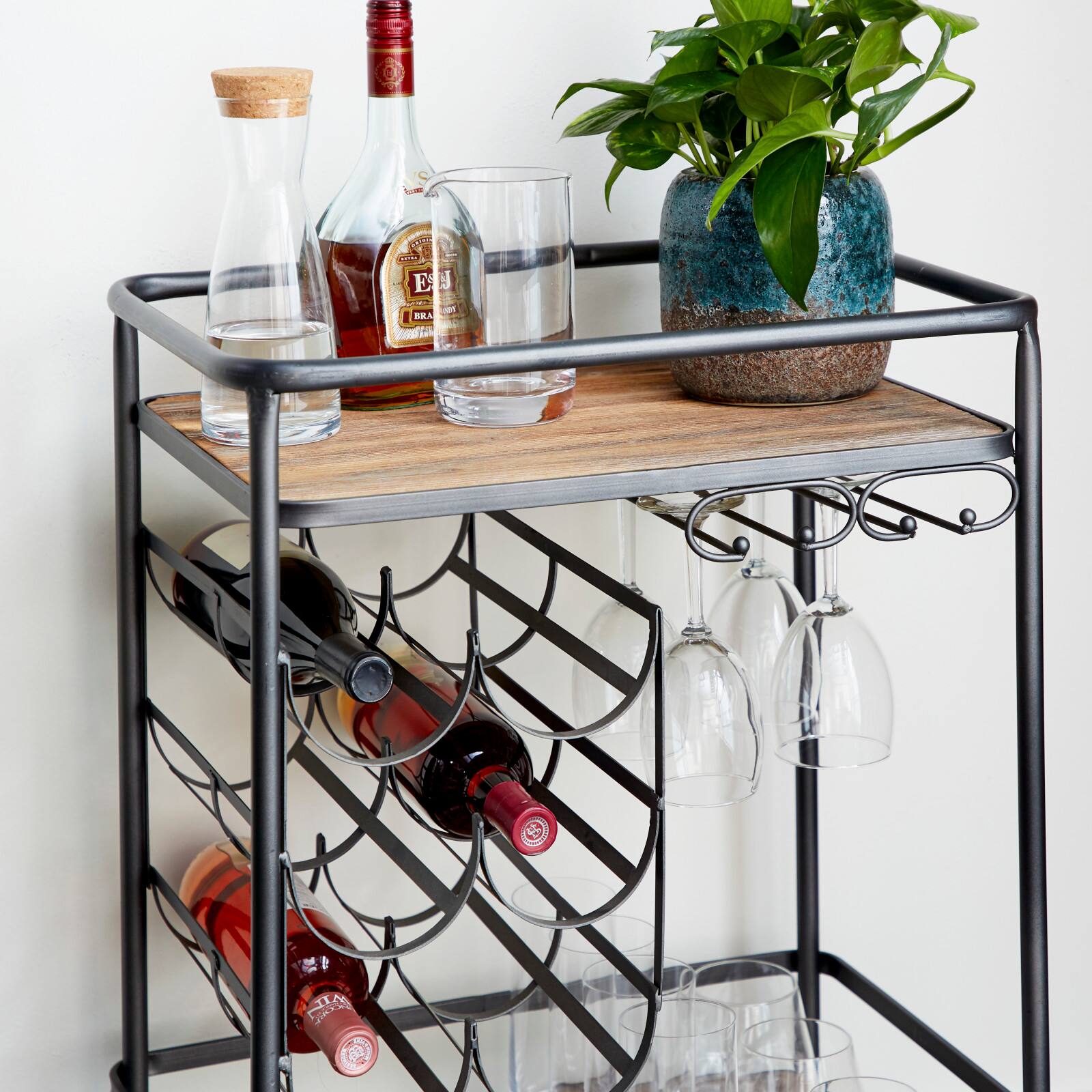 2-Tier Brown Chinese Fir and Metal Industrial Bar Cart