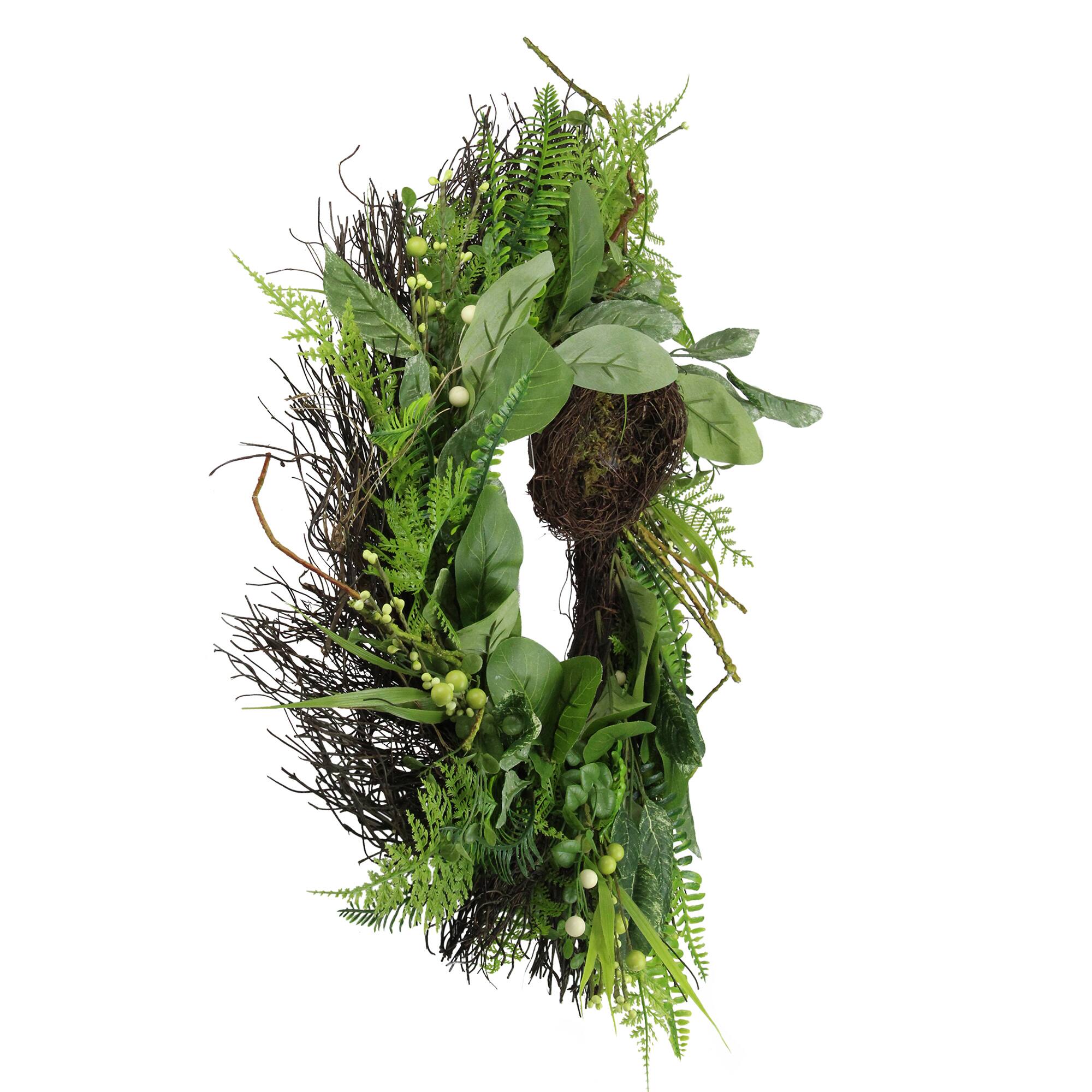 24" Green & Brown Mixed Foliage Artificial Spring Wreath with Nest