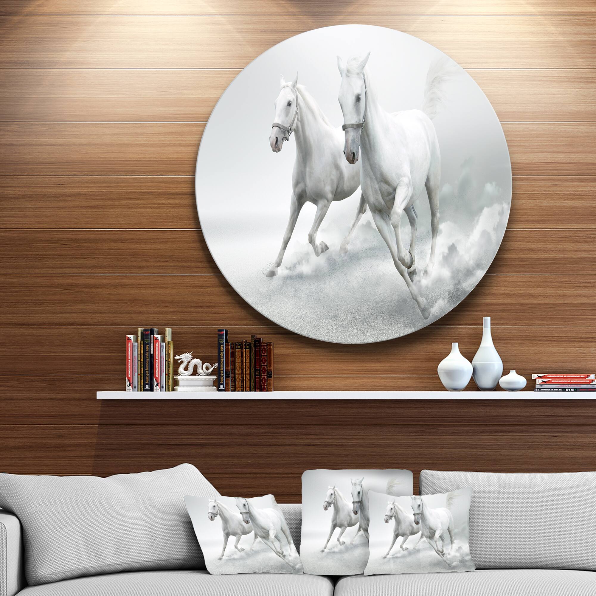 Designart - Running White Horses' Ultra Glossy Animal Oversized Metal Circle Wall Art