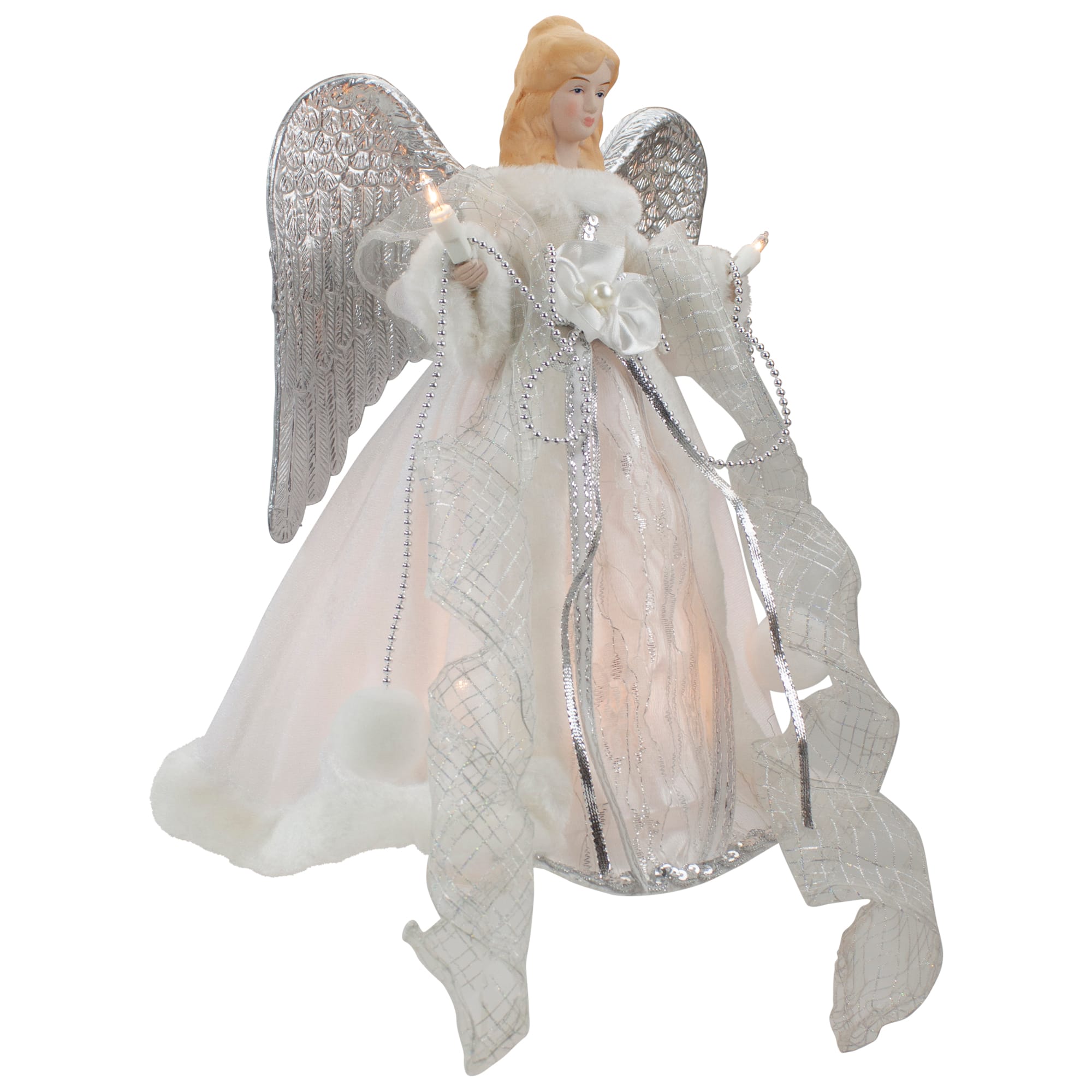 12&#x22; Lighted Silver &#x26; White Angel with Wings Christmas Tree Topper, Clear Lights