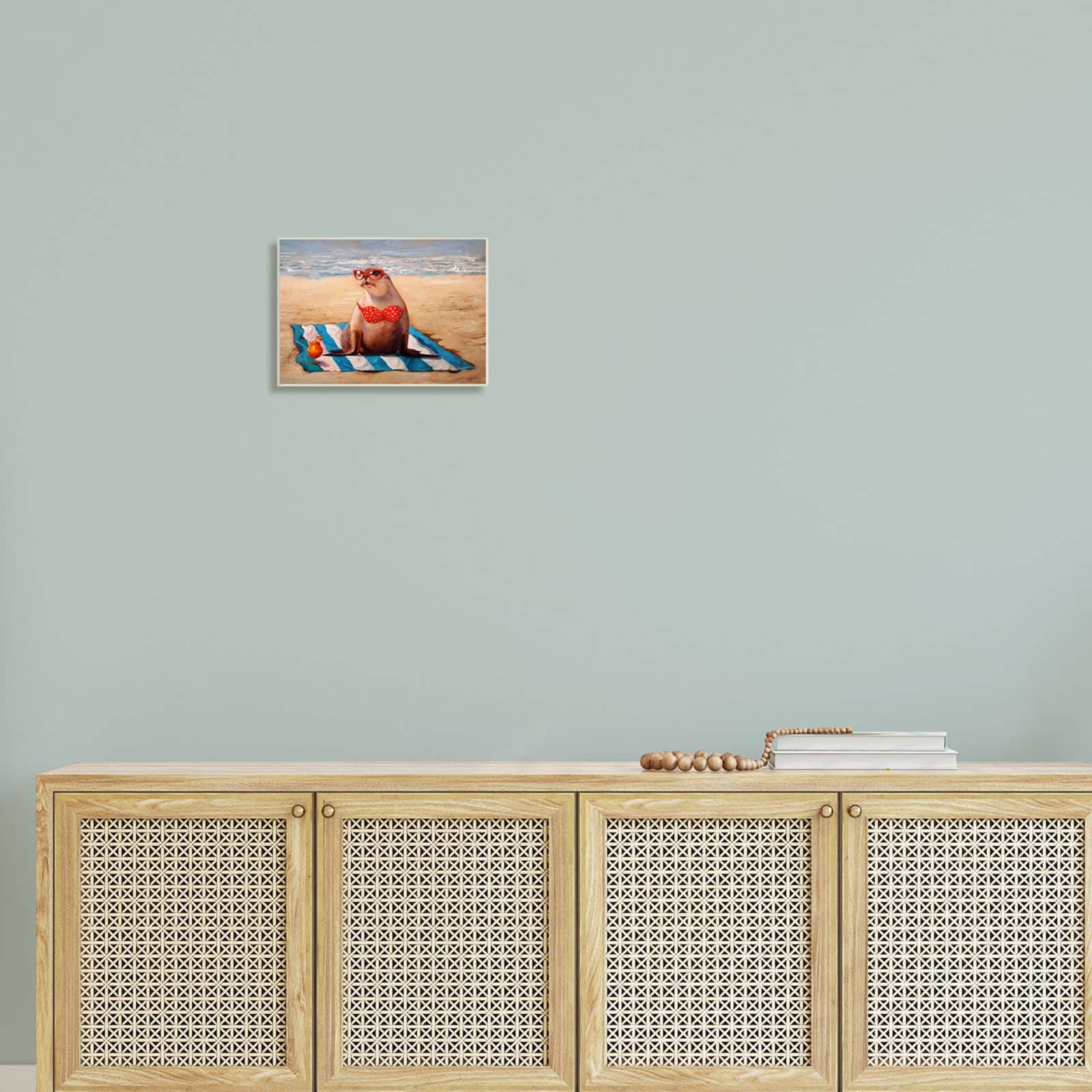 Stupell Industries Polka Dot Bikini Sea Lion Tropical Drink Beach Scene Wall Plaque