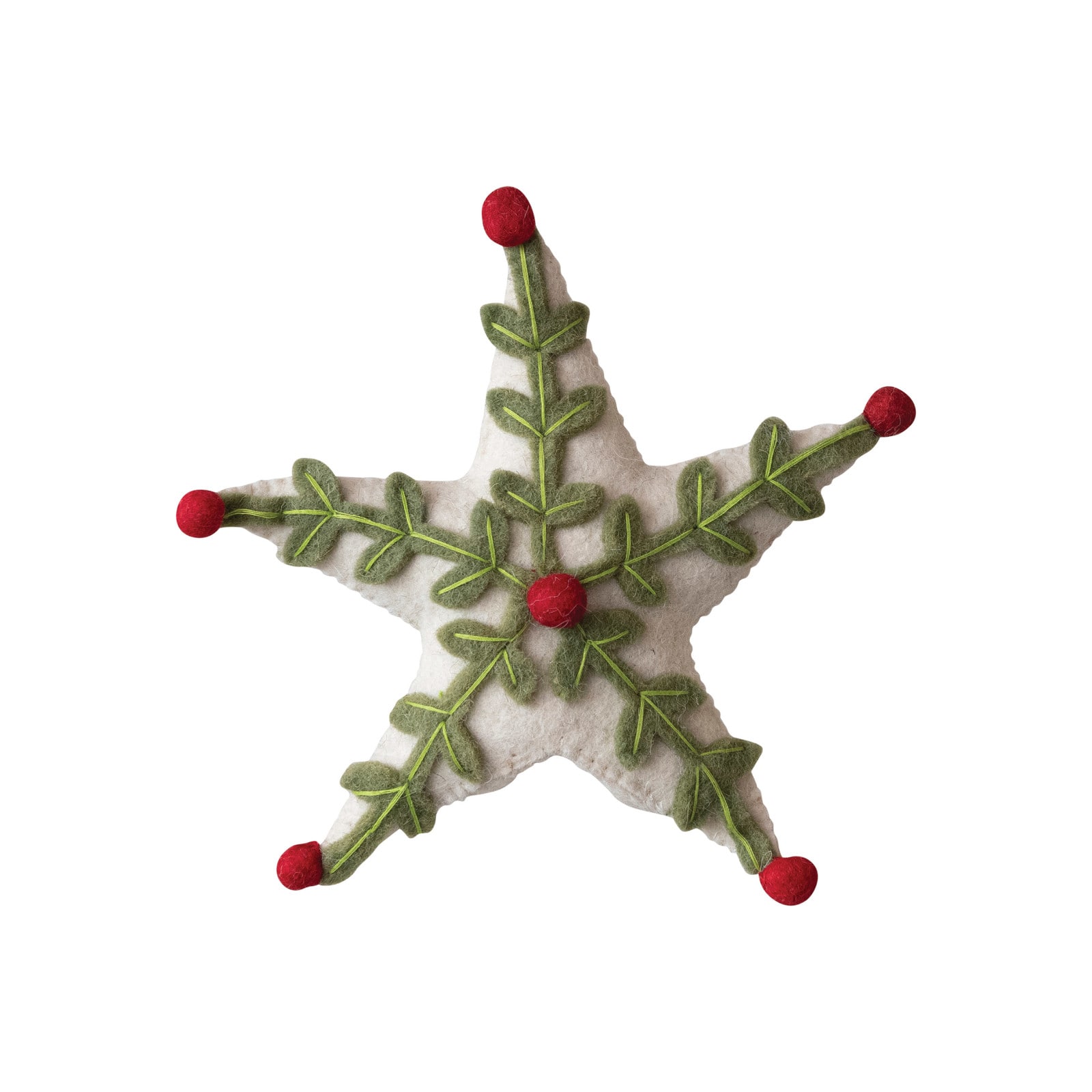 Hello Honey&#xAE; 8&#x22; Handmade Wool Felt Star Tree Topper with Holly Leaves, Berries &#x26; Embroidery