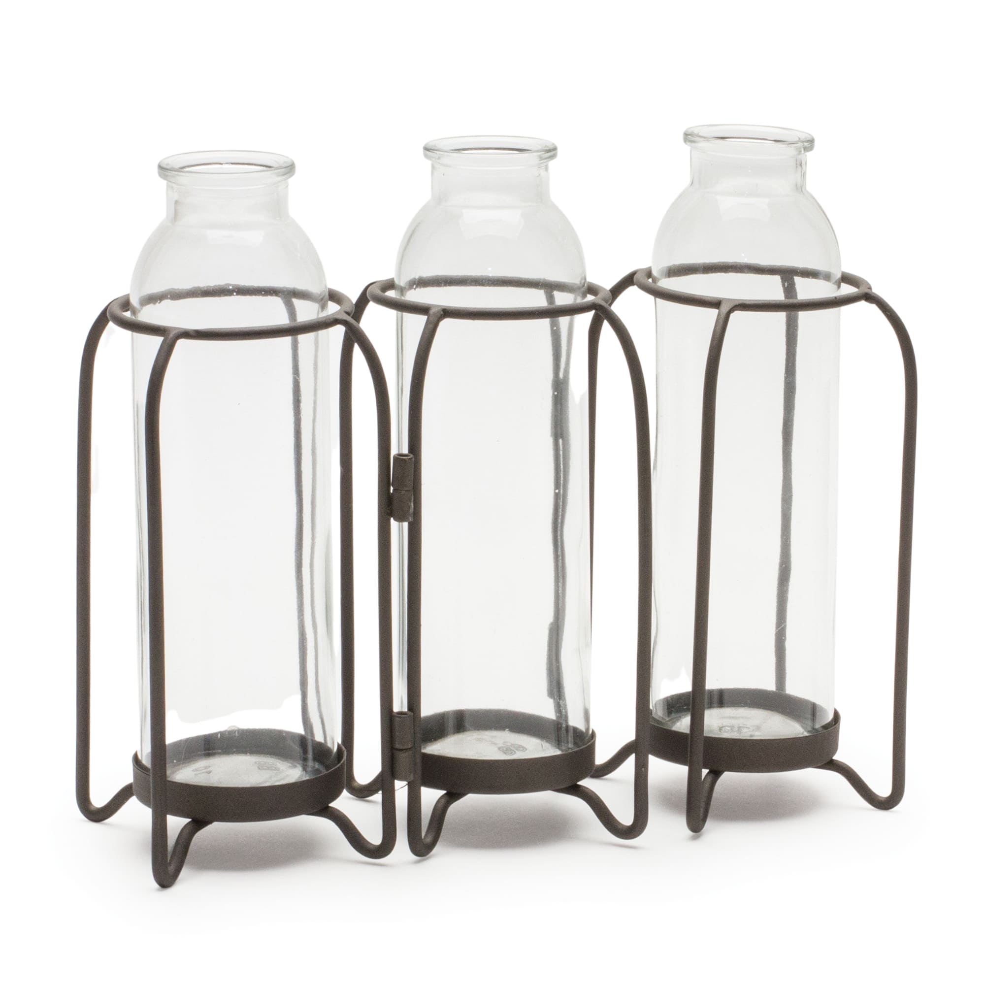 9.25&#x22; Triple Glass Bottle Vases in Iron Stand
