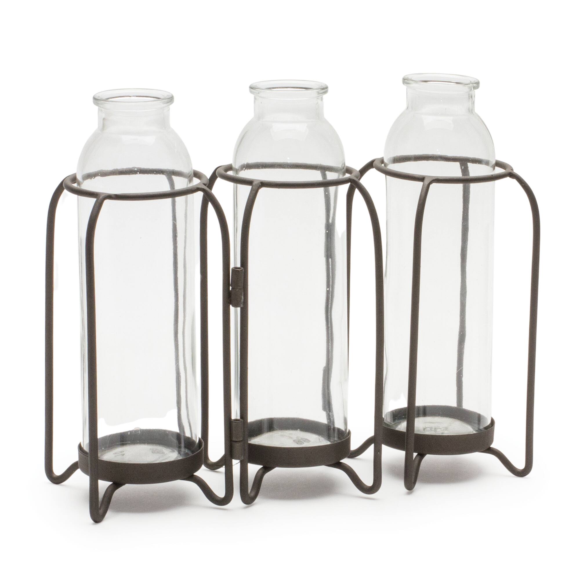 9.25" Triple Glass Bottle Vases in Iron Stand
