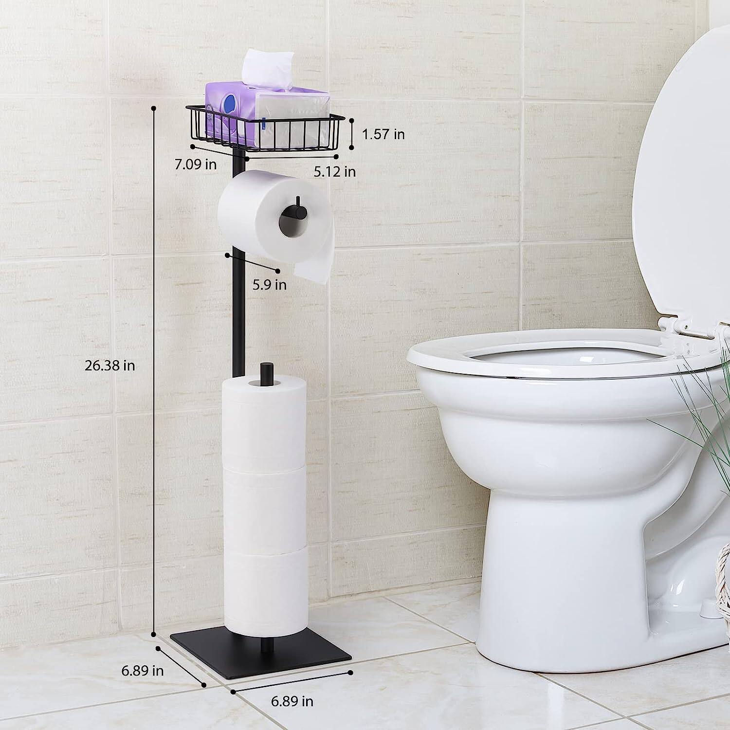 Black Freestanding Toilet Paper Holder Stand with Basket