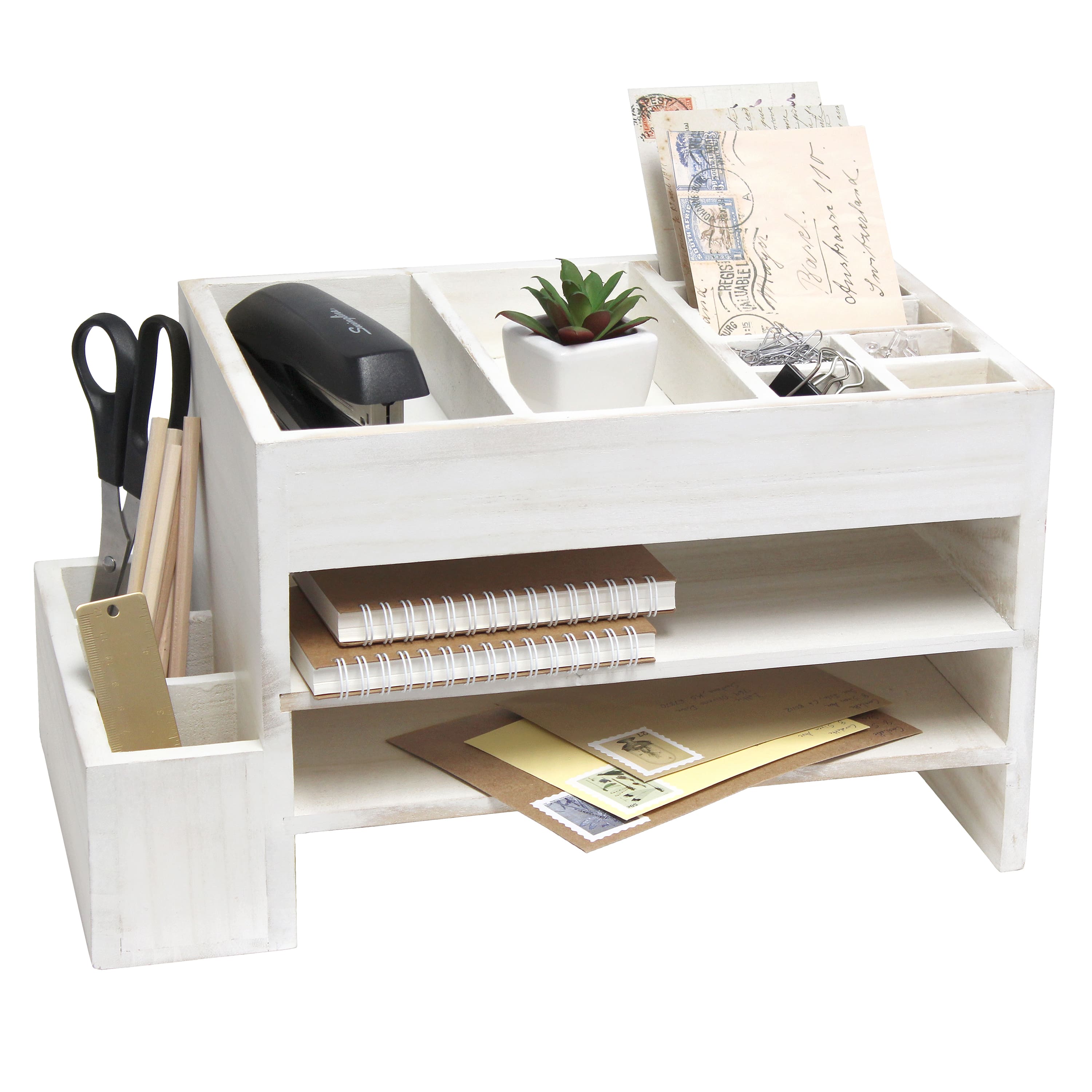 Elegant Designs Whitewash Wood Cubbies &#x26; Letter Tray Desk Organizer