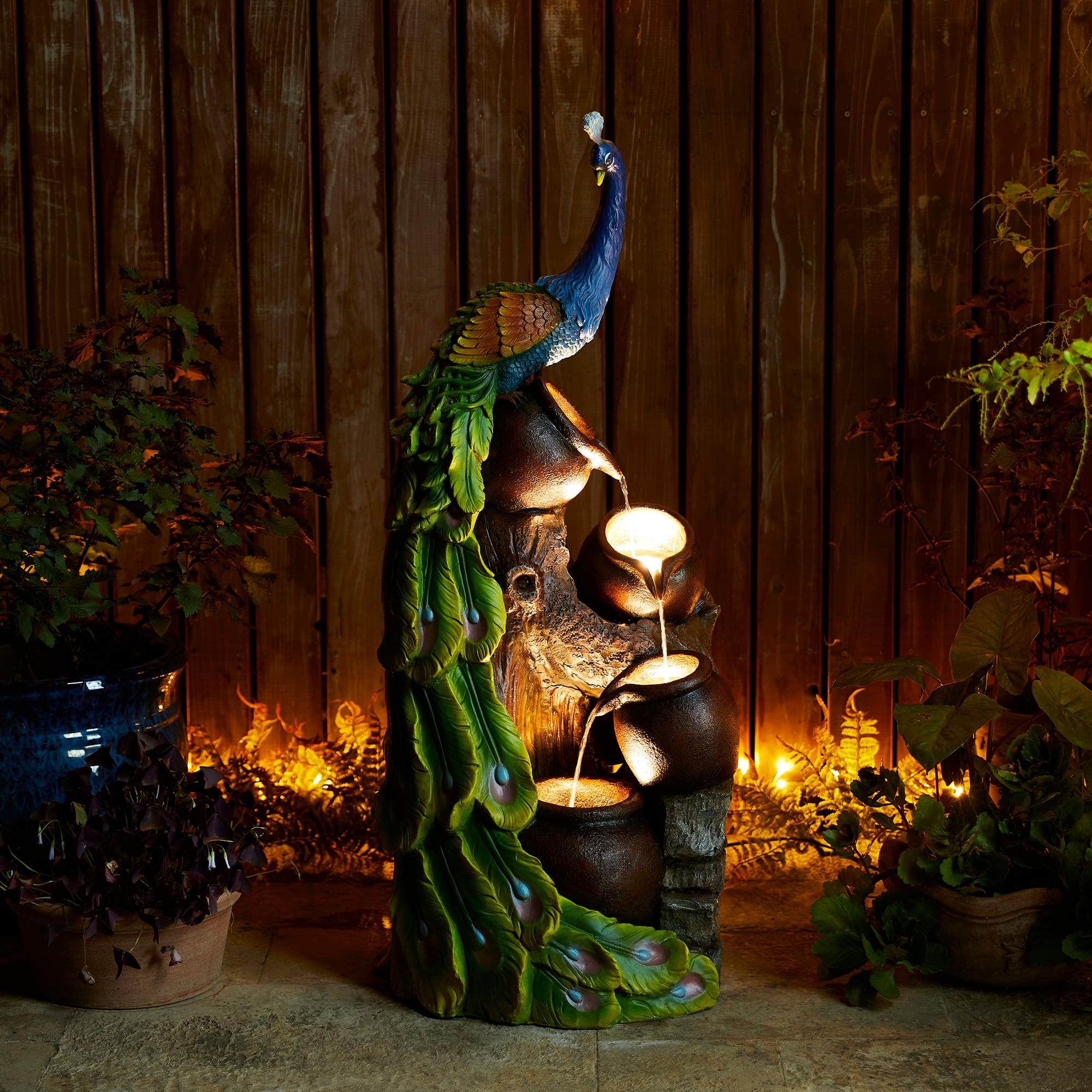 Glitzhome® 40" LED 4-Tier Peacock & Jars Outdoor Floor Fountain