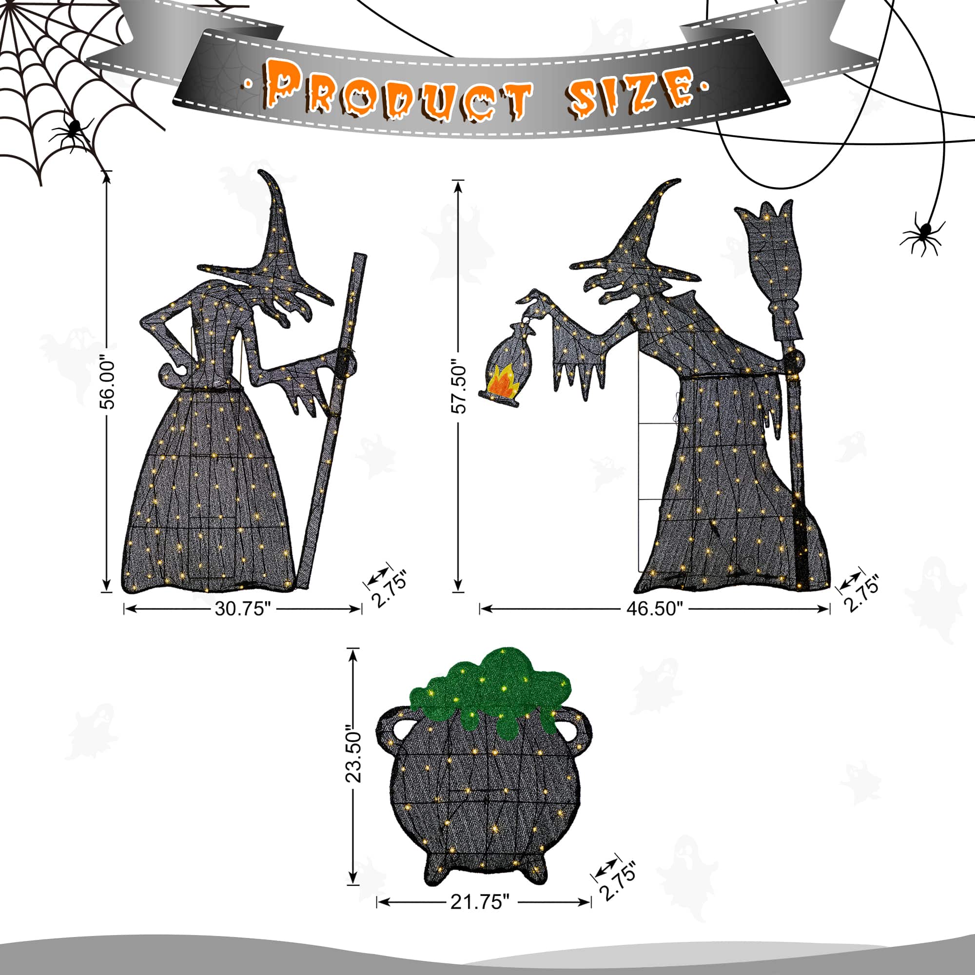 Glitzhome&#xAE; Set of 3 Lighted Halloween 2.5D Witches with Cauldron Outdoor Decor