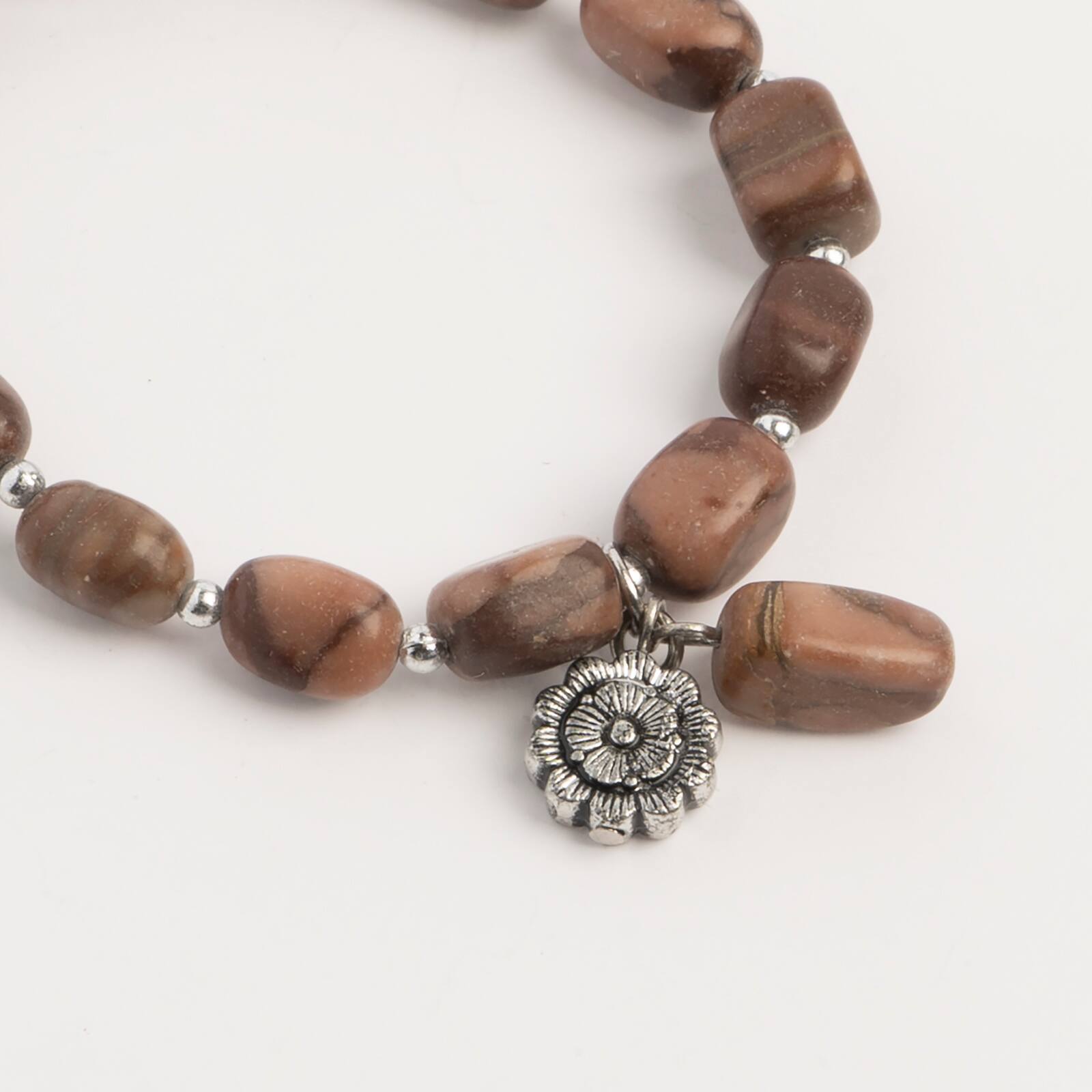 John Bead Jasper Brown Natural Stone Stretch Bracelet with Flower Charm