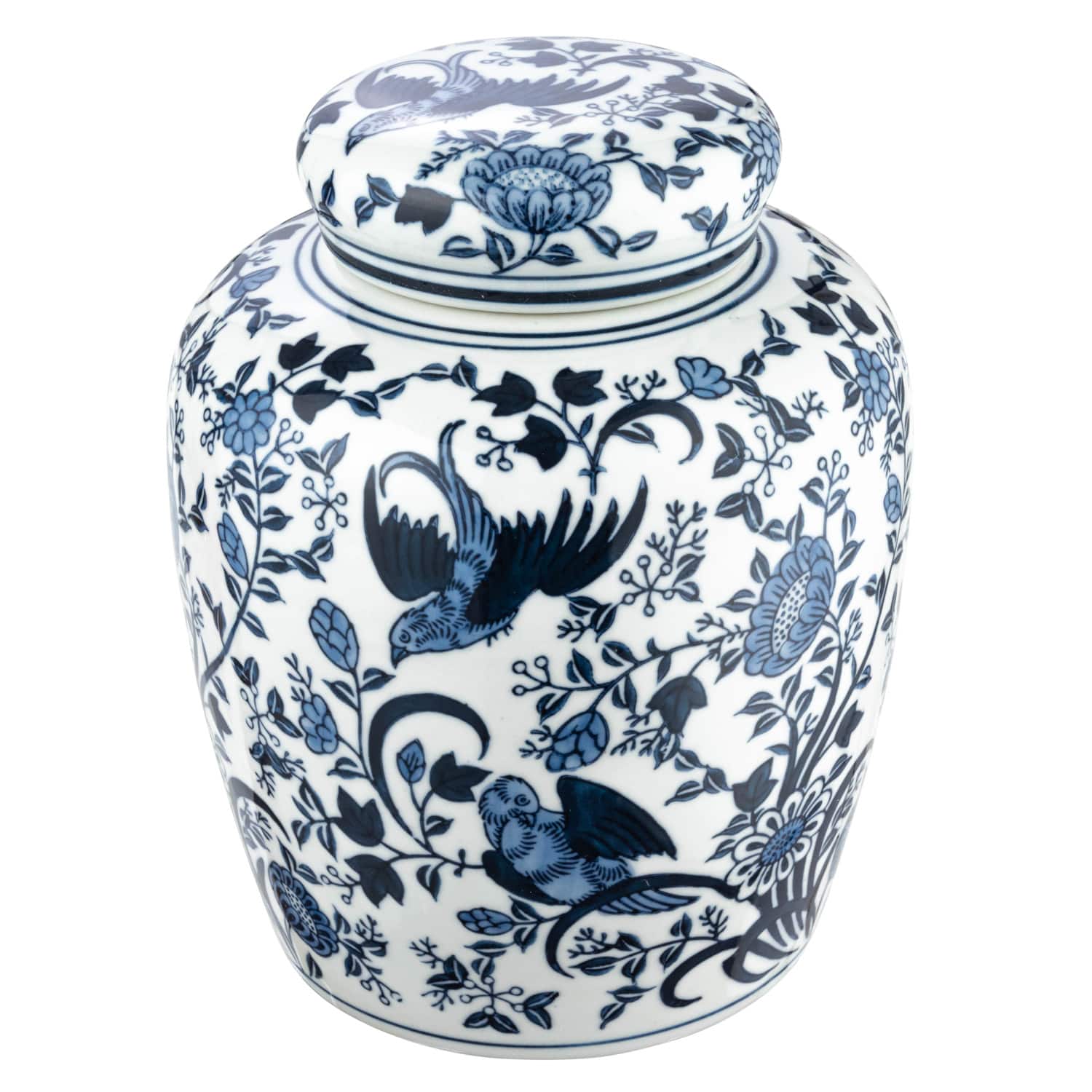 8&#x22; Blue &#x26; White Decorative Bird Ceramic Ginger Jar with Lid
