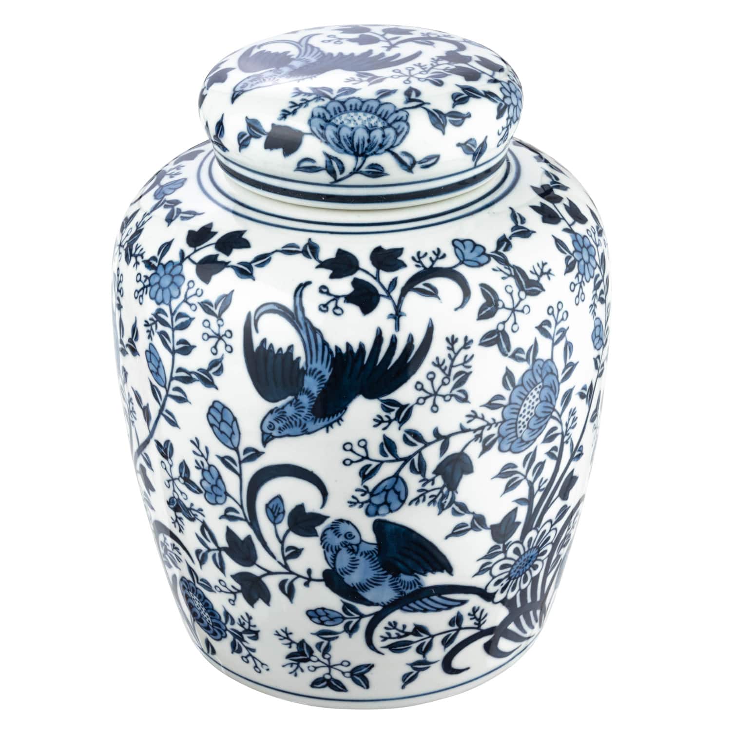 Hello Honey® 8" Blue & White Decorative Bird Ceramic Ginger Jar with Lid