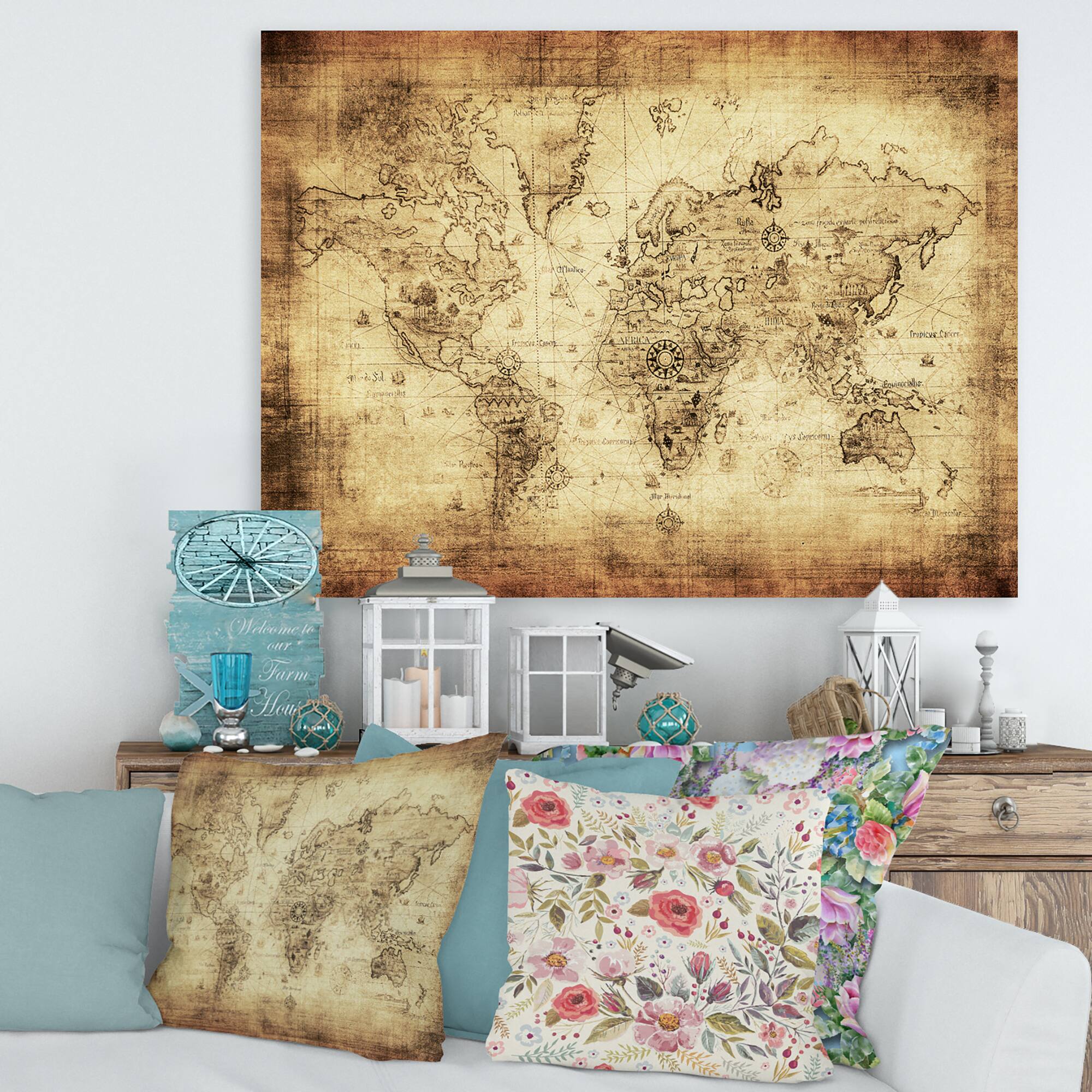 Designart - Ancient Map of The World IV - Vintage Canvas Wall Art Print ...