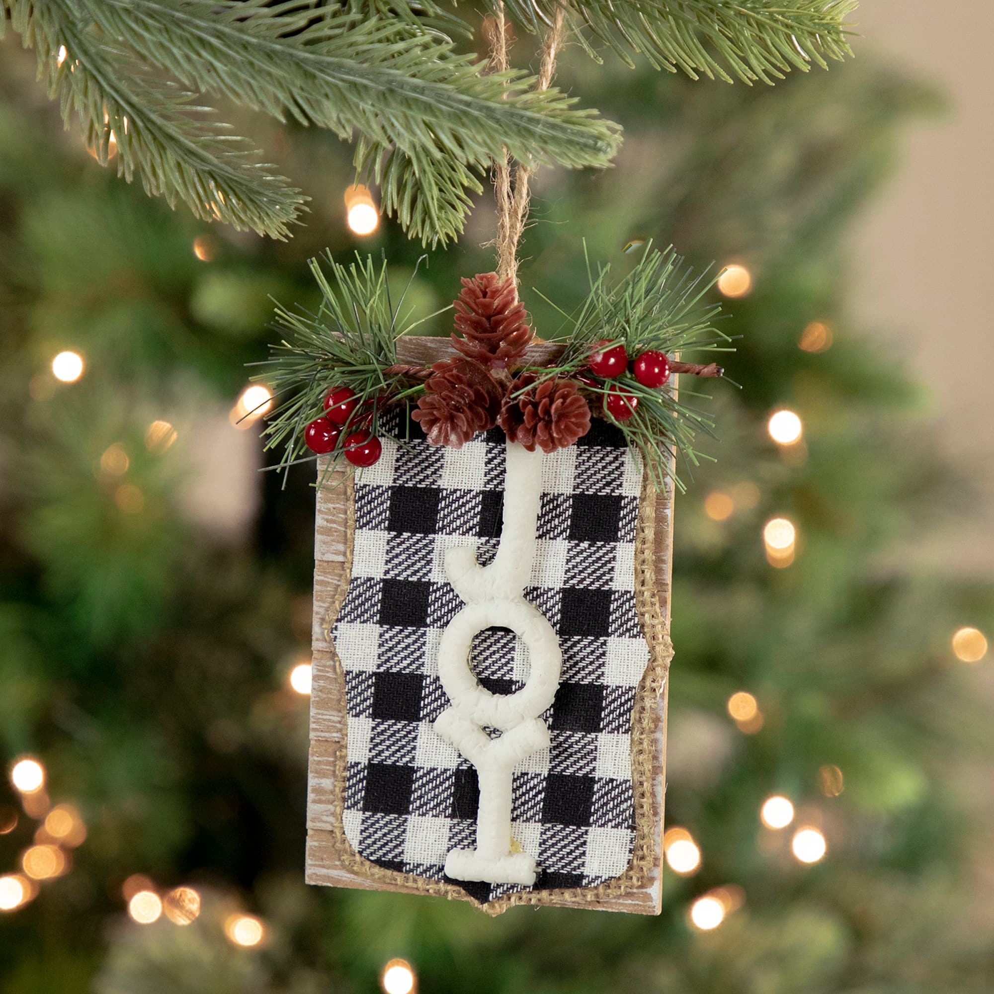 4.75" Black and White Buffalo Plaid Joy Pinecone Christmas Sign Ornament