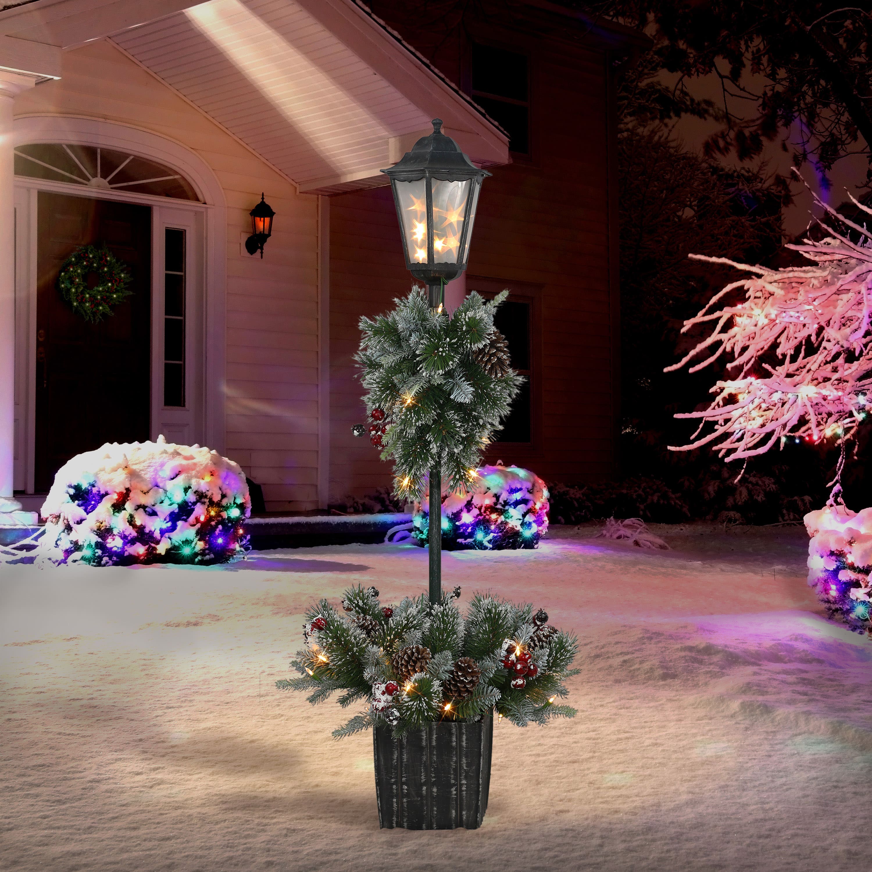 4ft. Pre-Lit Artificial Pine Lamp Post, Warm White LED Lights