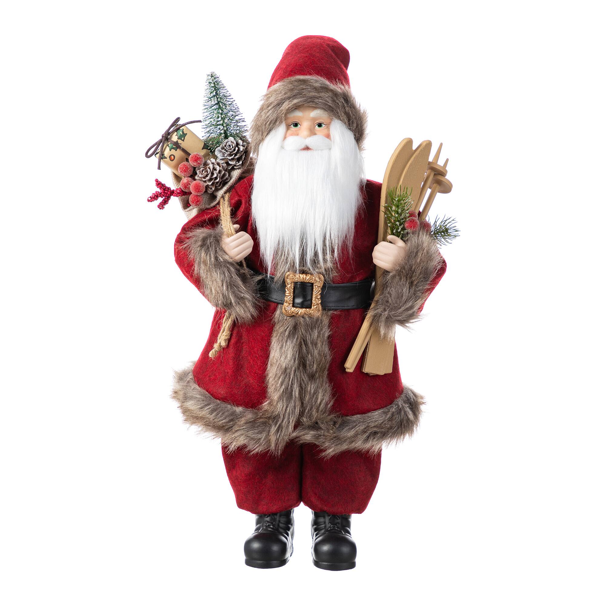 Glitzhome® 18"H Faux Fur Christmas Red Woodland Santa Figurine with Porcelain Face