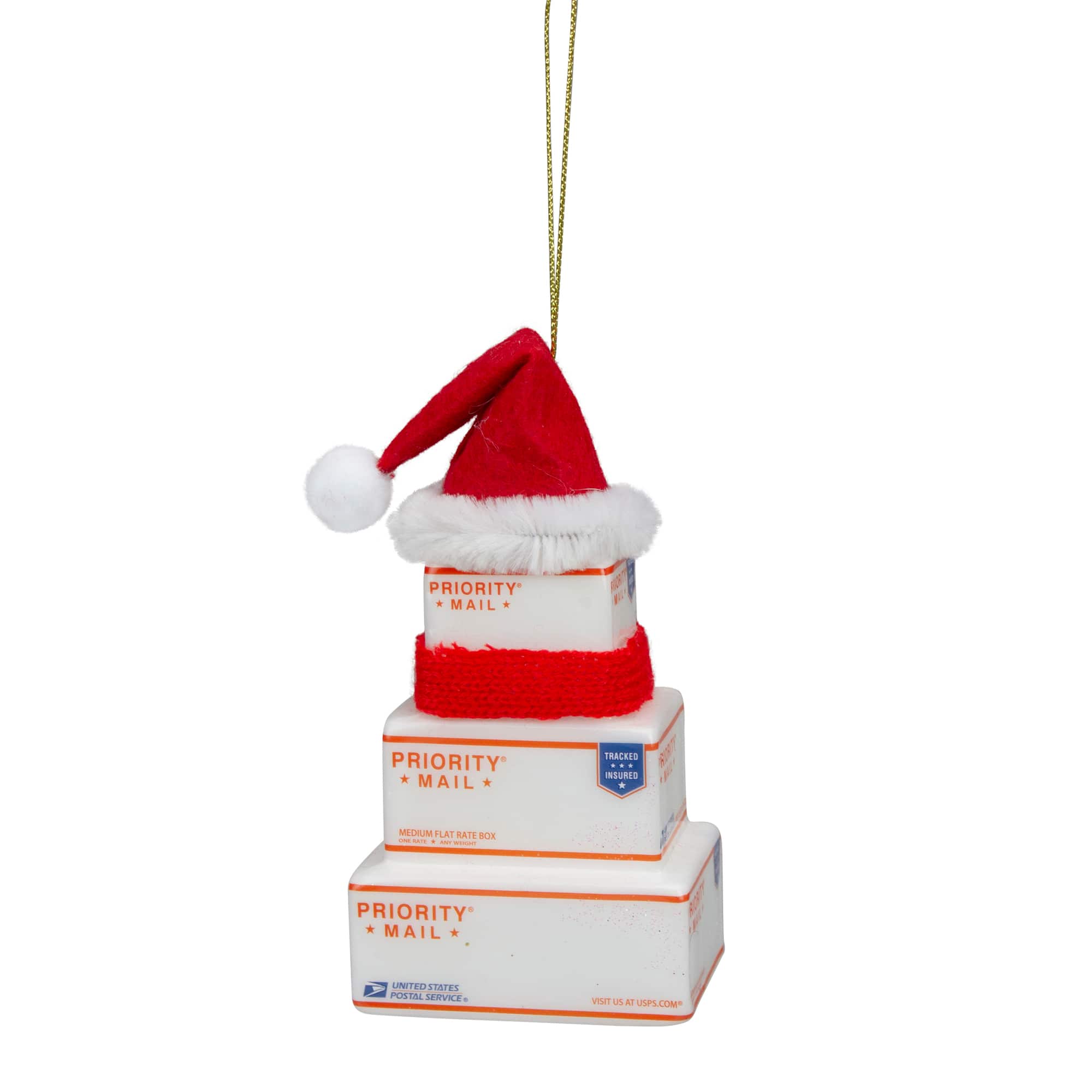 4.5" White and Red USPS Priority Mail Stacked Packages Santa Hat Christmas Ornament