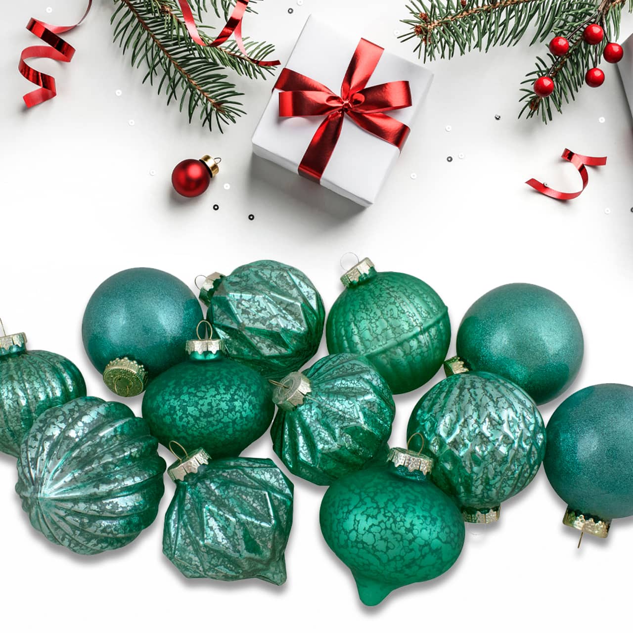 12ct. 3&#x22; Glitter &#x26; Matte Green Finial &#x26; Glass Ball Christmas Ornaments