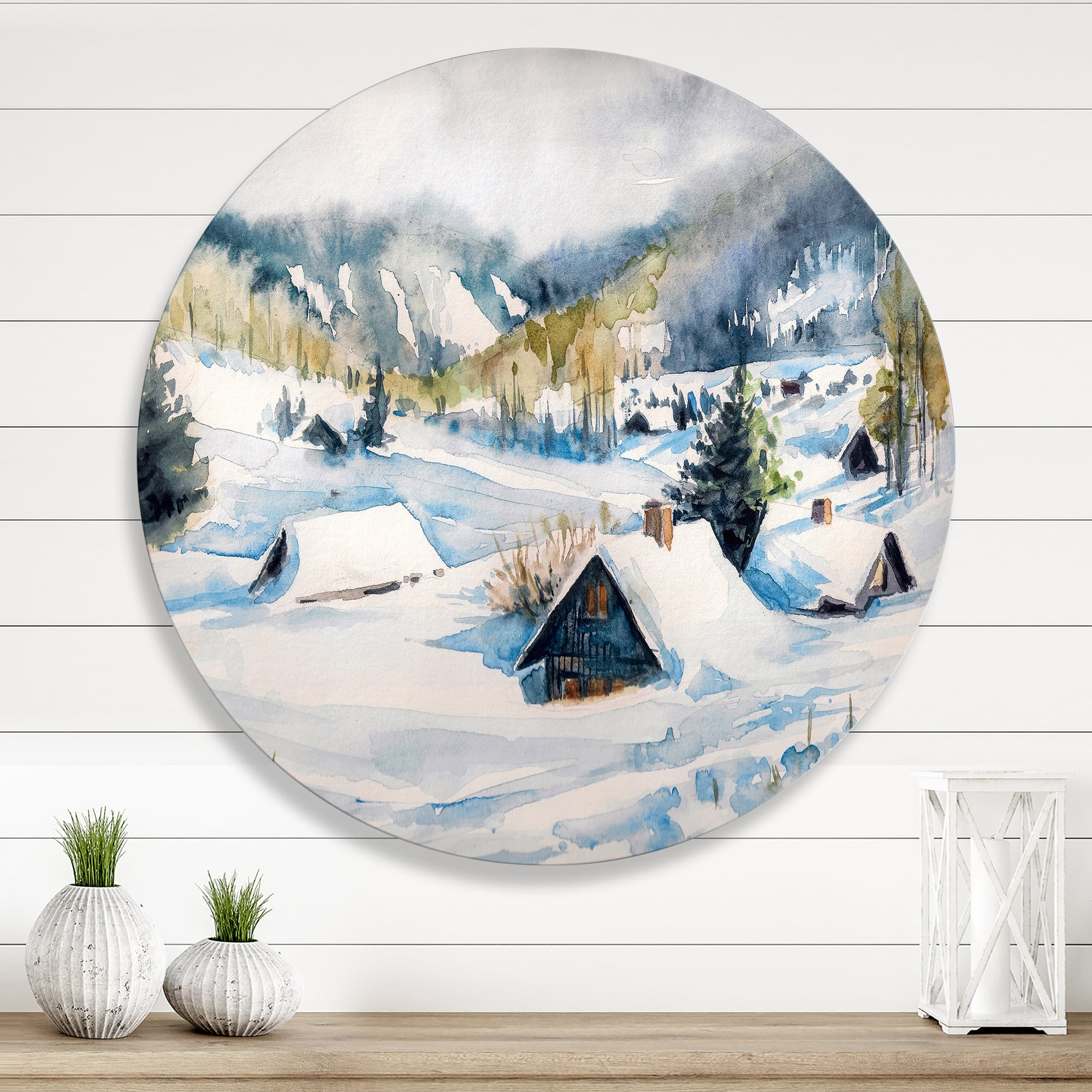 Designart - Mountain Village In Winter - Traditional Metal Circle Wall Art