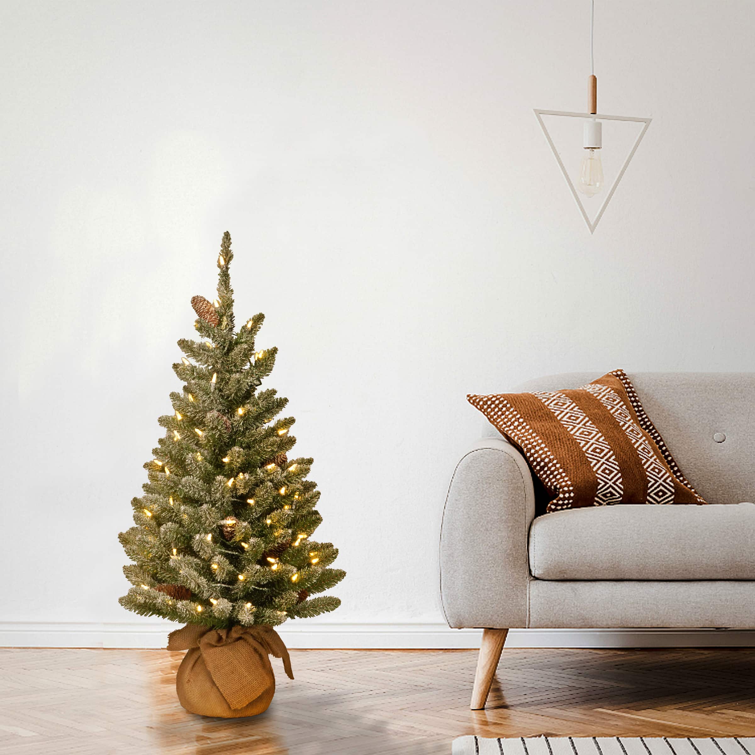 3ft. Snowy Concolor Fir with Snowy Pinecones Artificial Christmas Tree In Burlap Base, Warm White LED Lights