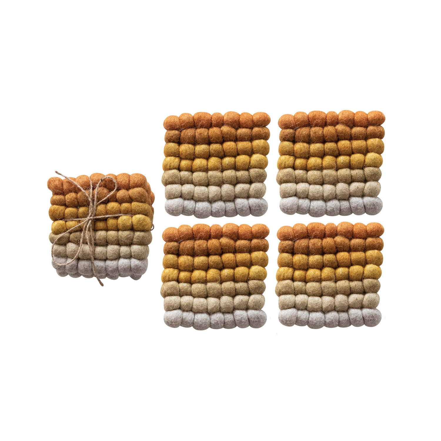 4&#x22; Yellow, Orange &#x26; Cream Handmade Wool Felt Ball Coaster Set