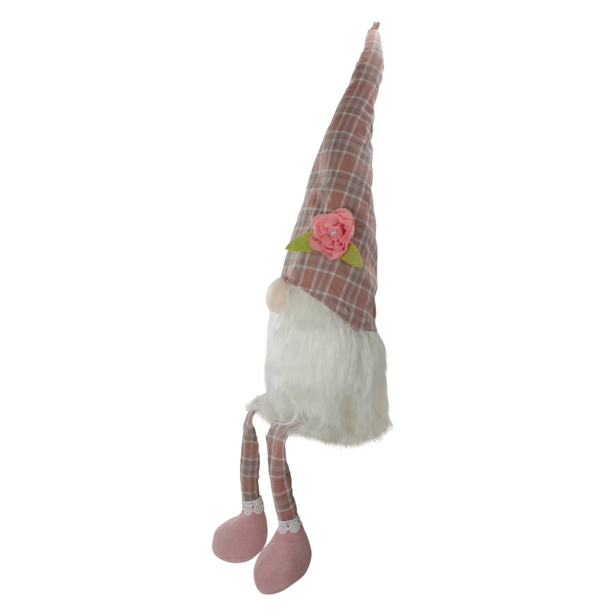 29&#x22; Pink &#x26; White Plaid Spring Gnome with Dangling Legs Figure