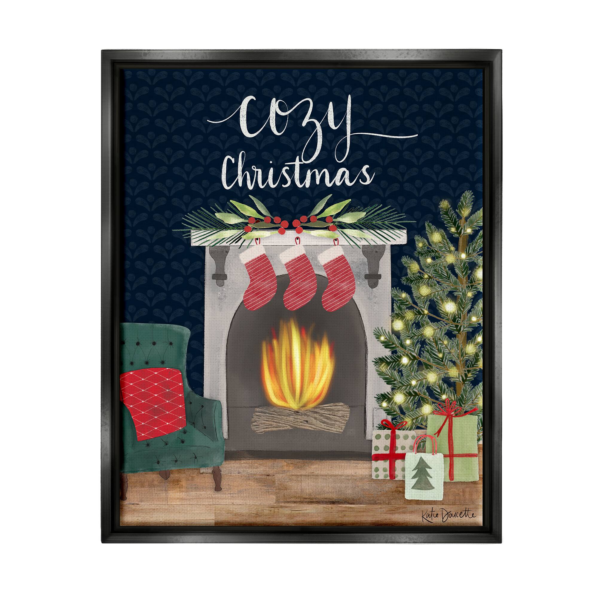 Stupell Industries Cozy Christmas Fireplace Mantel Framed Floater Canvas Wall Art